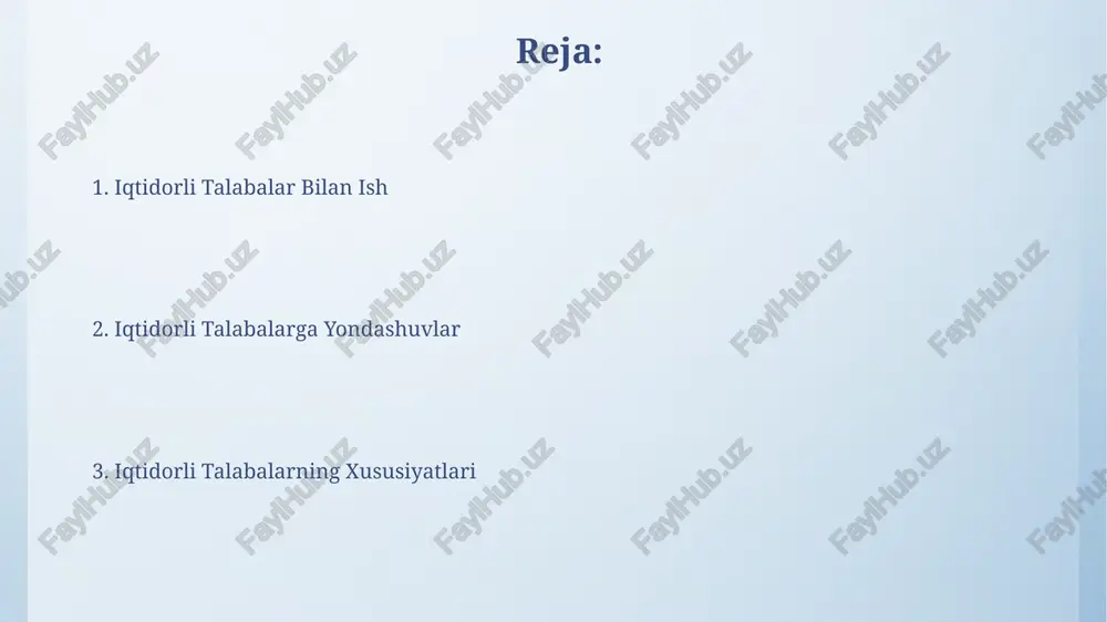 tezlashtirish va chuqur tushunishni ta'minlashda samarali boʻladi, bu esa ularning potentsialini toʻliq roʻyobga chiqarishga yordam beradi. iqtidorli oʻquvchilarning 70%i oʻz tengdoshlaridan farq qiluvchi oʻziga xos xususiyatlarga ega boʻlib, ularga individual yondashuvni talab qiladi va standart oʻquv dasturlariga moslashtirish mumkin emas. iqtidorli oʻquvchilarga qoʻshimcha imkoniyatlar yaratish iqtidorli oʻquvchilarning 20% ga yaqini standart oʻquv dasturlariga moslashmaydi, shuning uchun ularga individual oʻquv rejalari va 1:1 qoʻllab-quvvatlash kerak. iqtidorli oʻquvchilarning ijtimoiy-emotsional ehtiyojlarini inobatga olgan holda, 5 dan ortiq tadbirlar (masalan, debatlar, intellektual oʻyinlar) tashkil etish ularning tengdoshlari bilan samarali muloqot qilishini taʼminlaydi. iqtidorli oʻquvchilar bilan ishlashning oʻziga xos xususiyatlari iqtidorli oʻquvchilarning 20% ga yaqini oʻz yoshidagilarga nisbatan ancha yuqori darajada oʻzlashtirish tezligiga ega boʻlib, ularga moslashtirilgan tezlashtirilgan oʻquv dasturlarini qoʻllash zarur. differensiatsiya prinsipi muhim: iqtidorli oʻquvchilarning 50% guruhda ishlashni yaxshi koʻradi, qolganlari esa individual ishni afzal koʻradi, shuning uchun har xil oʻquv uslublarini qoʻllash kerak. iqtidorli oʻquvchilar uchun resurslar resurslar orasida differensial ta’limga oid …
