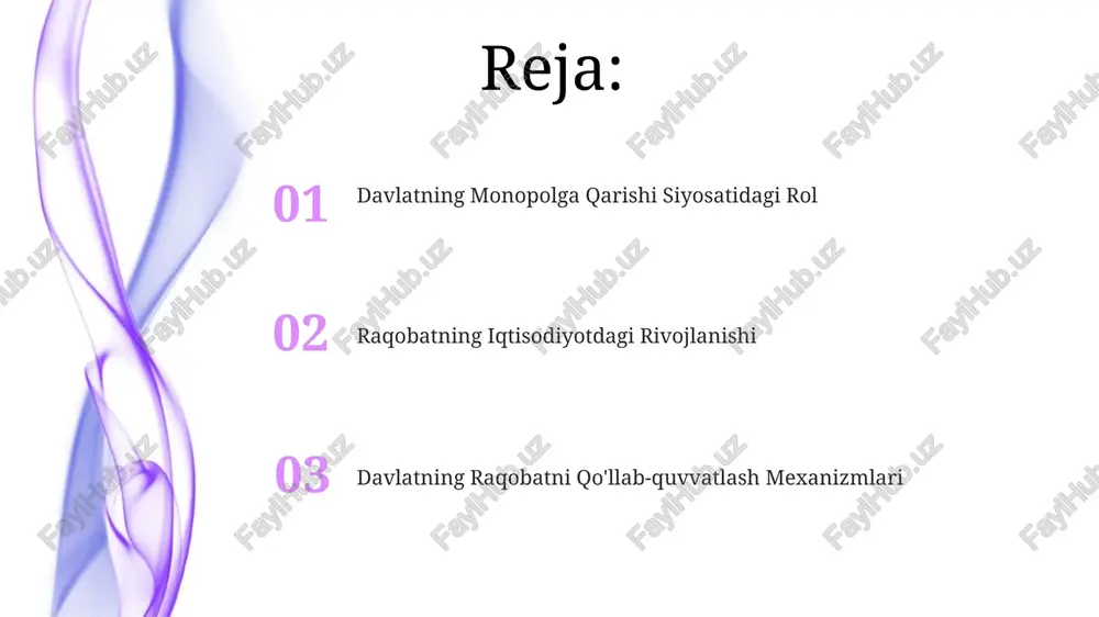 nun hujjatlarini qabul qilish bilan tavsiflanadi. davlatning antimonopolya siyosati samaradorligini baholashda, raqobat darajasini aks ettiruvchi 5 ta asosiy ko’rsatkich, shu jumladan, bozor konsentratsiyasi indeksi hisobga olinadi. kichik va o‘rta biznesni qo‘llab-quvvatlash kichik va oʻrta biznes sub'ektlariga 2023-yilda 15 trillion soʻm miqdorida imtiyozli kreditlar ajratildi, bu ularning rivojlanishi va raqobatbardoshligini oshirishga yordam berdi. davlat tomonidan qoʻllab-quvvatlash choralari natijasida, kichik va oʻrta biznes ulushi yalpi ichki mahsulotda 60% dan oshdi, bu monopoliyalarni cheklashda muhim rol oʻynaydi. sohada faoliyat yuritayotgan 5000 dan ortiq kichik va oʻrta korxonalar davlat dasturlari orqali biznes-inkubatorlar va akseleratorlardan foydalanib, innovatsion mahsulotlarini bozorga chiqarish imkoniyatiga ega boʻldi. bozor kuchini nazorat qilish monopoliyaga qarshi siyosatning samaradorligi, raqobat darajasini o'lchaydigan herfindahl-hirshman indeksi (hhi) kabi metrikalar orqali 5 yil ichida kuzatilishi va tahlil qilinishi mumkin. bozor kuchini nazorat qilish uchun davlat, 3 dan ortiq yirik kompaniyalarni birlashtirish jarayonlarini, birlashuvlar natijasida bozor ulushining 15% dan oshib ketishini oldini olishga qaratilgan qat'iy tartibga solish …