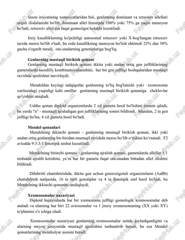 5% ga yaqin namoyon bo'ladi, retsessiv allel esa faqat gomozigot holatda kuzatiladi. irsiy kasalliklarning ko'pchiligi autosomal retsessiv yoki x-bog'langan retsessiv tarzda meros bo'lib o'tadi, bu erda kasallikning namoyon bo'lish ehtimoli 25% dan 50% gacha o'zgarib turadi, ota-onalarning genotiplariga bog'liq. genlarning mustaqil birikish qonuni genlarning mustaqil birikish qonuni ikkita yoki undan ortiq gen juftliklarining gametalarda tasodifiy kombinatsiyalanishini, har bir gen juftligi boshqalaridan mustaqil ravishda ajralishini tasvirlaydi. mendeldan keyingi tadqiqotlar genlarning to'liq bog'lanishi yoki xromosoma xaritasidagi yaqinligi kabi omillar genlarning mustaqil birikish qonuniga cheklovlar qo'yishini aniqladi. ushbu qonun diploid organizmlarda 2n xil gameta hosil bo'lishini taxmin qiladi, bu yerda "n" - mustaqil ajraladigan gen juftliklarining sonini bildiradi. masalan, 2 ta gen juftligi bo'lsa, 4 xil gameta hosil bo'ladi. mendel qonunlari mendelning ikkinchi qonuni – genlarning mustaqil birikish qonuni, ikki yoki undan ortiq genlarning bir-biridan mustaqil ravishda meros boʻlib oʻtishini koʻrsatadi. f2 avlodda 9:3:3:1 fenotipik nisbat kuzatiladi. mendelning birinchi qonuni – genlarning ajralish …