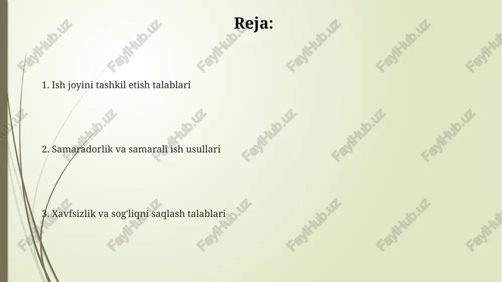 kil etish talablari ish joyining ergonomik talablariga javob berishi, ya'ni xodimlarning jismoniy va ruhiy salomatligini himoya qilish uchun kamida 2-3 metr masofada joylashishi va yaxshi yoritish bilan ta'minlanishi kerak. xavfsizlik choralariga muvofiq, ish joyida kamida 2 ta yong'inga qarshi vosita, birinchi tibbiy yordam to'plami va favqulodda chiqish yo'llari bo'lishi shart. ish joyining o'lchami, xodimlar soniga va ularning vazifalariga bog'liq bo'lib, har bir xodimlarga kamida 4-6 kvadrat metr maydon taqdim etilishi lozim. xavfsizlik va sog'liqni saqlash talablari ish joyida kamida 2 metr masofada ijtimoiy masofani saqlash, covid-19 pandemiyasi davrida xavfsizlik protokollariga muvofiq 50% dan kam bo'lmagan havo almashinuvi va dezinfeksiya vositalarining mavjudligi talab etiladi. xodimlar soniga qarab, minimal 1 ta tibbiyot xodimi va birinchi tibbiy yordam ko'rsatish uchun zarur bo'lgan minimal 10 ta asbob-uskunalar to'plami ta'minlanishi kerak. ish joyida yong'in xavfsizligi talablariga javob beradigan, kamida 2 dona o't o'chirish vositasi, shuningdek, favqulodda chiqish yo'llarini ko'rsatuvchi yoritish tizimi bo'lishi shart. muloqot va …