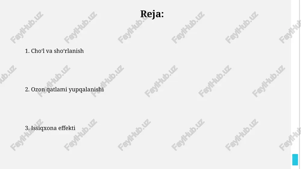 suvining ortiqcha ishlatilishi tuproq sho'rlanishining 30% gacha kuchayishiga olib kelishi mumkin, bu esa tuproq unumdorligining pasayishiga sabab bo'ladi. issiqxona effekti: ta'rifi va mexanizmi issiqxona gazlari konsentratsiyasining 20-asr oxiridan buyon 25% ga oshishi global isishning asosiy sabablaridan biri hisoblanadi, bu esa iqlim o'zgarishlariga olib keladi. inson faoliyati, ayniqsa, fosil yoqilg'ilarni yoqish, issiqxona effekti intensivligini sezilarli darajada oshirmoqda, bu esa atmosfera tarkibidagi co2 miqdorining ortishiga olib keladi. ozon qatlami yupqalanishi va cho'lga aylanishning bog'liqligi ozon qatlami yupqalanishi tufayli ultrabinafsha nurlanishining kuchayishi tuproqning qurib qolishiga va unumdorligi pasayishiga olib keladi, bu esa cho'lga aylanish jarayonini 15-20% tezlashtiradi. ozon qatlami yupqalanishi natijasida yuzaga keladigan iqlim o'zgarishlari, ayniqsa, qurg'oqchilikka chidamsiz o'simlik turlarining yo'qolishiga olib kelishi, bu esa cho'lga aylanish sur'atini 2-3 barobar tezlashtiradi. issiqxona gazlari: turlari va manbalari issiqxona gazlarining 6 ta asosiy turi mavjud: karbonat angidrid (co2), metan (ch4), azot oksidi (n2o), freonlar, ozon (o3) va suv bug'lari, ularning 75% dan ortig'i inson faoliyati …