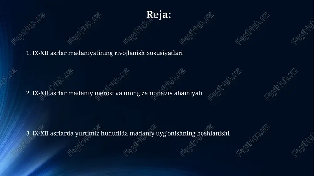 asida quyosh va oy tutilishini bashorat qilish usullari takomillashtirildi, bu esa 20 dan ortiq kalendar tizimlarining rivojlanishiga olib keldi. din va mafkura ix-xii asrlarda “din va mafkura” sohasida islom falsafasi va tasavvufning rivojlanishi kuzatildi, 20 dan ortiq yirik mutafakkirlar yetishib chiqdi. bu davrda diniy-mafkuraviy adabiyotlar soni sezilarli darajada oshdi, taxminan 100 ga yaqin qo'lyozma nusxalar saqlanib qolgan. ix-xii asrlarda madaniy uyg'onish davri ix-xii asrlardagi adabiyotda, xususan, al-xorazmiy, farg'oniy kabi allomalarning matematik va astronomik asarlari jahon ilmini boyitgan va 50 dan ziyod qo'lyozma nusxalarda saqlanib qolgan. ushbu davrda 100 dan ortiq maqbara, masjid, madrasa va saroylar qurilgan bo'lib, ularning me'moriy uslublari, bezaklari o'ziga xos milliy va xalqaro ta'sirlarni aks ettiradi. ix-xii asrlar tasviriy san'ati ix-xii asrlarga oid devoriy rasmlar, ayniqsa, samarqand va buxoro kabi yirik shaharlardagi masjid va maqbaralarda, 20 dan ortiq ob'ektda saqlanib qolgan bo'lib, o'ziga xos uslub va ranglar palitrasini aks ettiradi. ix-xii asrlarda miniatyura san'atining rivojlanishi 100 dan …