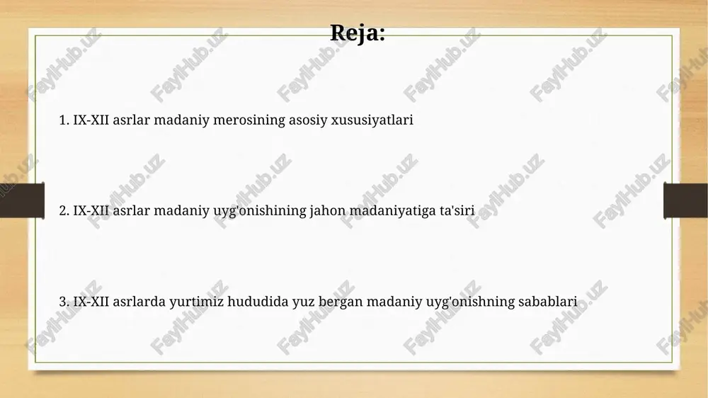 ng rivojlanishiga sezilarli hissa qo'shdi, shu bilan birga yangi ijtimoiy guruh va sinflarning shakllanishiga olib keldi. davlat tomonidan soliq yig'ish tizimining takomillashuvi va yer munosabatlarining o'zgarishi, iqtisodiyotning rivojlanishiga va madaniy hayotning faollashuviga ijobiy ta'sir ko'rsatdi, ular davlat byudjetining 30-40% ni tashkil etdi. xorijiy madaniyatlar bilan aloqalar bu davrda, arab xalifaligidan kelgan 100 dan ortiq qo'lyozmalar xorazm kutubxonalariga olib kelinganligi tarixiy manbalarda qayd etilgan. markaziy osiyo hunarmandchiligi namunalari, jumladan, xii asrga oid 50 dan ortiq kulolchilik buyumlari, hozirgi iroq hududida topilgan. ix-xii asrlarda yurtimiz hududida madaniy uyg'onish davri ix-xii asrlarda o'zbek hududida shaharsozlikning jadal rivojlanishi kuzatildi, samarqand, buxoro kabi yirik shaharlar aholisi 100 mingdan oshdi, ko'plab madrasalar, karvonsaroylar qurildi. ix-xii asrlarda turli xalqlarning madaniy almashinuvi natijasida yangi uslublar va an'analar paydo bo'ldi, misol uchun, chust va gisht binolarning qurilishi keng tarqaldi. davrning madaniy yutuqlari va merosi bu davrda adabiyot, ayniqsa, "avesto"ning yangi tarjimalari va islom falsafasi bo'yicha 50 dan ortiq asarlarning …