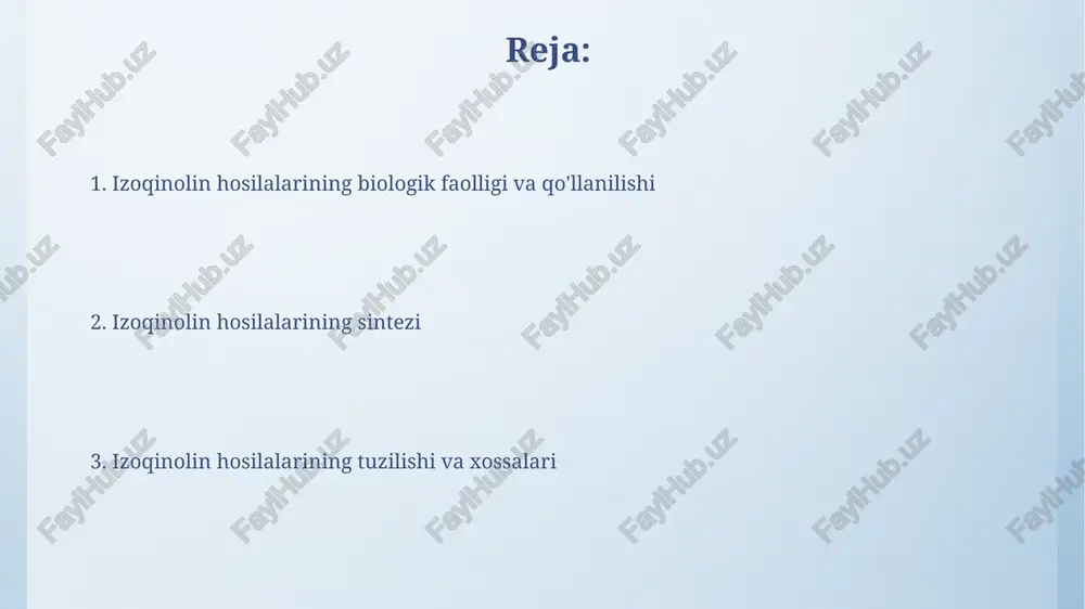 ariga ega bo'lgan izoquinolin alkaloidlari biologik faolligi bilan ajralib turadi va ularning antioksidant, antibakterial va antiviral xususiyatlari aniqlangan. papaveraceae oilasiga mansub o'simliklardan ajratib olingan morfin, kodein va tebain kabi muhim analjezik ta’sirga ega bo'lgan 10 dan ortiq izoquinolin alkaloidlari farmatsevtika sanoatida keng qo'llaniladi. izoquinolin hosilalarining ta'rifi izoquinolin hosilalari azot atomi 1-holatda bo'lgan ikki halqali aromatik birikmalar bo'lib, ularning molekulyar massasi 129 g/mol dan farq qilishi mumkin. ushbu birikmalar farmatsevtika sanoatida keng qo'llaniladi va 200 dan ortiq turli xil farmatsevtik preparatlar, jumladan, antidepresantlar va analjeziklarni o'z ichiga oladi. izoquinolinning tuzilishi va xossalari izoquinolin, 6-a’zoli benzol halqasiga birikkan 5-a’zoli azotli geterotsiklik birikma bo'lib, umumiy formulasi c₉h₇n hisoblanadi va aromatik xossalarga ega. izoquinolinning molekulyar massasi 129,16 g/mol ni tashkil etadi va qaynash harorati 242 °c atrofida bo'ladi, bu uning nisbatan yuqori qaynash nuqtasini ko'rsatadi. izoquinolin hosilalarining sanoatdagi ahamiyati izoquinolin hosilalarining 100 dan ortiq farmatsevtik preparatlar, jumladan, qon bosimini pasaytiruvchi va yallig'lanishga qarshi dorilarni …