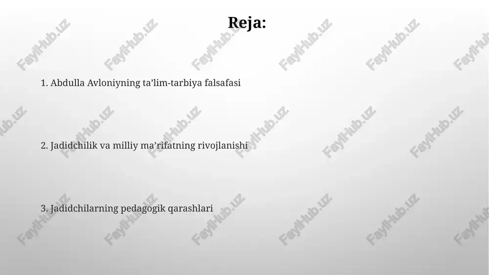 niy oʻzining "tarbiya" asarida 3 bosqichli ta'lim tizimini taklif qilib, har bir bosqichning oʻziga xos vazifalarini aniq belgilab bergan. din va ma'rifatning uyg'unligi avloniy "din va ma'rifatning uyg'unligi"da milliy tilni ta'limda qo'llashning ahamiyatini ta'kidlab, 5 ta aniq misol keltiradi va bu yondashuvning samaradorligini ta'riflaydi. "din va ma'rifatning uyg'unligi" asari avloniyning 20-asr boshlarida yozilgan asosiy pedagogik traktatlaridan biri bo'lib, islom dini va zamonaviy bilimlarni uyg'unlashtirish g'oyasini ilgari surgan. milliy g'urur va vatanparvarlik tarbiyasi "milliy g'urur va vatanparvarlik tarbiyasi" kontekstida, avloniy milliy tilni ta'limning asosiy vositasi sifatida ko'rib, ona tilining 3 ta muhim funksiyasini – fikrlash, muloqot va madaniyatni o'zlashtirishni ta'kidlagan. avloniyning "milliy g'urur va vatanparvarlik tarbiyasi"ga oid asarlari 1920-yillarga to'g'ri kelib, yosh avlodni 5 ta asosiy qimmatga – mustaqillik, ozodlik, adolat, bilim va mehnatga yo'naltirishga qaratilgan. abdulla avloniyning pedagogik merosining zamonaviy ahamiyati avloniyning 5 bosqichdan iborat bo‘lgan ta’lim modeli, hozirgi kunda ham o‘quv jarayonini optimallashtirish, individual yondashuvni qo‘llash va o‘quvchilarning bilim …