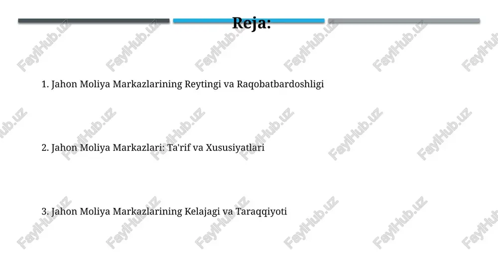 iy bozorlari va katta kapitallari bilan bog'liq. yetakchi jahon moliya markazlarining xususiyatlari va raqobatdoshligi etakchi jahon moliya markazlarining 70% dan ortig'i iqtisodiy taraqqiyotning yuqori darajasiga ega davlatlarda joylashgan bo'lib, bu ularning infratuzilmasi va yuqori malakali mutaxassislar bilan ta'minlanganligini bildiradi. mazkur markazlarning ko'pchiligi kuchli huquqiy asosga ega bo'lib, investitsiyalarni jalb qilish uchun qulay soliq siyosati va shaffof bozor mexanizmlari bilan ta'minlangan. e'tiboringiz uchun rahmat @taqdimot_robot image1.jpg image2.jpg image3.jpg image4.jpg image5.jpg