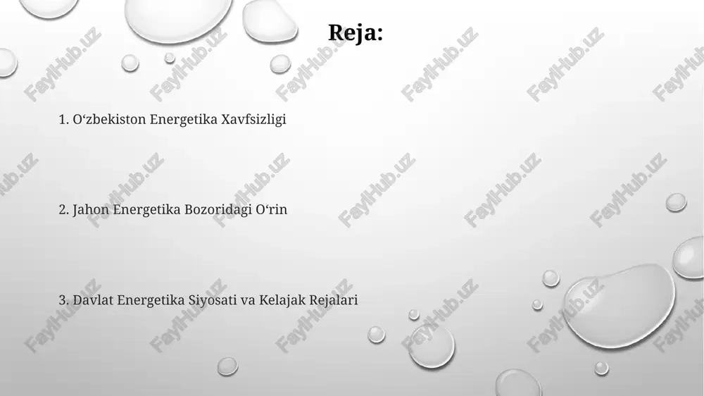 da oʻzbekistonning energetika xavfsizligini ta’minlashga qaratilgan boʻlib, qayta tiklanuvchi energiya manbalaridan foydalanishni 25% ga oshirishni maqsad qilgan. kelajakdagi energetika rejalari va strategiyasi energetika sohasidagi innovatsion texnologiyalarni joriy etishga, jumladan, smart gridlarni rivojlantirishga va energiya tejaydigan texnologiyalarni qoʻllashga 1 milliard dollardan ortiq investitsiyalar kiritilishi kutilmoqda. oʻzbekistonning 2030-yilgacha boʻlgan energetika strategiyasi qayta tiklanuvchi energiya manbalaridan (quyosh, shamol) umumiy quvvatini 12 gw ga yetkazishni, shuningdek, energiya samaradorligini 20% ga oshirishni rejalashtirmoqda. kelajakdagi energetika rejalarida energiya xavfsizligini ta’minlash uchun energiya tizimini diversifikatsiya qilish va 5 gw dan ortiq quvvatga ega boʻlgan yangi issiqlik elektr stansiyalarini qurish muhim ahamiyat kasb etadi. global energetika bozoridagi oʻzbekistonning oʻrni oʻzbekistonning markaziy osiyo mintaqasida strategik geografik joylashuvi, gaz va neft quvurlarining transport yoʻnalishlari bilan birgalikda, mintaqaviy energiya savdosi uchun muhim ahamiyatga ega. mamlakatning geotermal energiya resurslari, taxminan 1500 mvt quvvatga ega boʻlib, energetika xavfsizligini ta’minlashda muhim rol oʻynaydi va kelajakda yanada rivojlanishi mumkin. oʻzbekistonning jahon energiya bozoridagi ulushi, 2023-yil …