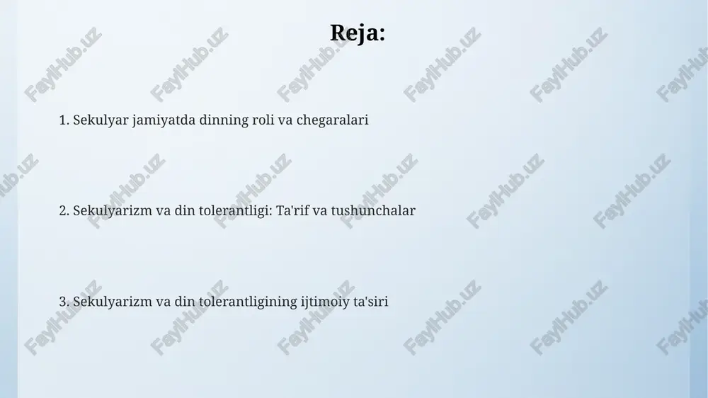 milliy tahdidni ifodalaydi. ta'limda sekulyarizm va diniy bag'rikenglik o'zbekiston konstitutsiyasi diniy bag'rikenglikni kafolatlaydi va fuqarolarga vijdon erkinligini ta'minlaydi, ammo 18 yoshgacha bo'lgan bolalar ta'limining sekulyar xarakterini saqlashga alohida e'tibor qaratadi. sekulyar ta'lim muhitida diniy adabiyotlarni o'qishga ruxsat berilishi mumkin, ammo faqatgina adabiy tahlil yoki tarixiy kontekstda, diniy targ'ibot sifatida emas, bu esa taxminan 30 dan ortiq dars soati bilan cheklanishi mumkin. ta'limda sekulyarizm, davlat maktablari o'quv dasturlaridan diniy ta'limni 100% chiqarib tashlashni anglatmaydi, balki barcha dinlarga teng munosabatda bo'lish va hech qaysi dinni afzal ko'rmaslik tamoyillariga asoslanadi. bag'rikenglik madaniyatini rivojlantirish bag'rikenglik madaniyatini rivojlantirishda 5 yoshdan 18 yoshgacha bo'lgan yoshlarni diniy bag'rikenglik tamoyillariga oid bilimlar bilan ta'minlash muhim ahamiyatga ega, bu esa jamiyatdagi tolerantlik darajasini 15-20% ga oshirishga yordam beradi. bag'rikenglik madaniyatini rivojlantirish uchun kamida 3 ta turli xil din vakillarini birlashtiruvchi 10 tadan ortiq ijtimoiy loyihalarni amalga oshirish samarali vosita hisoblanadi. davlat tomonidan bag'rikenglikni targ'ib qilishga yo'naltirilgan 2 million so'mdan …