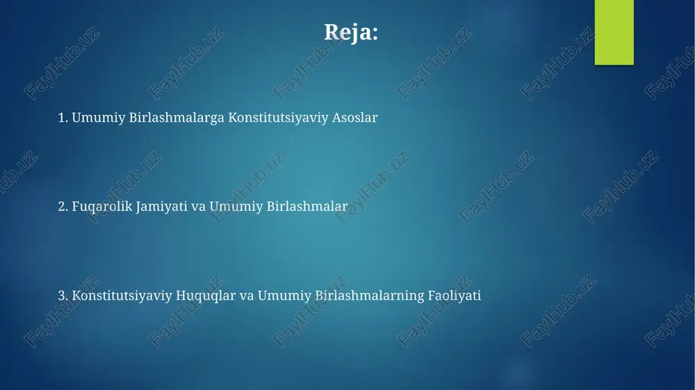 o'z faoliyatlarini erkin amalga oshirish huquqiga ega va davlat tomonidan qo'llab-quvvatlanadi. jamoat uyushmalarining siyosiy faoliyati jamoat uyushmalarining siyosiy faoliyati konstitutsiyaning 25-moddasiga asoslanib, huquqiy asoslarga ega bo'lib, e'tirozlarni bildirish, targ'ibot ishlarini amalga oshirish kabi huquqlarga ega. jamoat uyushmalarining huquqiy maqomi va siyosiy faoliyatiga doir 3 tadan ortiq qonun hujjatlari mavjud bo'lib, ularning mustaqilligi va himoyasini ta'minlaydi. jamoat uyushmalarining konstitutsiyaviy asoslari jamoat uyushmalari faoliyatining huquqiy asoslari konstitutsiya, qonunlar va boshqa normativ-huquqiy hujjatlar bilan belgilanadi, bu ularning mustaqilligini ta'minlaydi. oʻzbekiston respublikasi konstitutsiyasining 25-moddasi fuqarolarning jamoat birlashmalarini tuzish huquqini kafolatlaydi, bu ularning siyosiy ishtirokiga yoʻl ochadi. jamoat uyushmalarining majburiyatlari jamoat uyushmalari moliyaviy hisobotlarini belgilangan muddatlarda, ya'ni yiliga kamida 2 marta taqdim etishlari majburiyatlari bor. jamoat uyushmalari a'zolarining huquqlari va majburiyatlari to'g'risidagi nizomga muvofiq, 5 dan ortiq a'zosi bo'lgan uyushmalar davlat ro'yxatidan o'tishi shart. jamoat uyushmalarining xalqaro hamkorligi jamoat uyushmalari o‘rtasidagi xalqaro hamkorlik 50 dan ortiq davlatdagi 200 ga yaqin tashkilotni qamrab oladi, bu ularning …