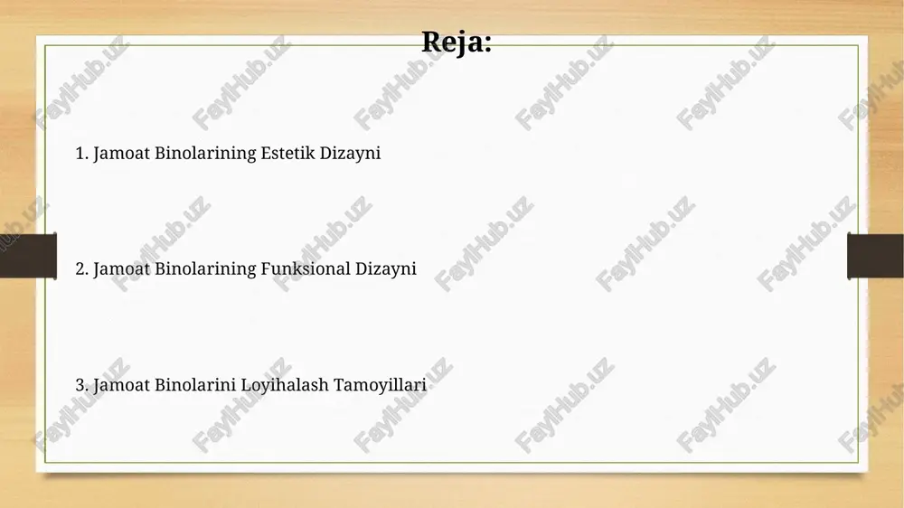 adigan katta majmualar uchun, evakuatsiya rejasi va xavfsizlik tizimlarining o'zaro bog'liqligi kabi muhim texnik parametrlarni hisobga olish zarur. jamoat binolarini loyihalashda asosiy omillar energiya samaradorligi ko'rsatkichlari (energiya tejash koeffitsienti - epc), qurilish materiallarining ekologik tozaligi va qulay miqyosdagi yashil maydonlarning mavjudligi kabi ekologik mezonlar jamoat binolarini loyihalashda muhim rol o'ynaydi. jamoat binolarini loyihalashda yong'in xavfsizligi normalariga (gost 12.1.004-91 va boshqalar) rioya etish, evakuatsiya yo'llarining soni va kengligi kamida 2 metr bo'lishi, shuningdek, yong'inga chidamli materiallardan foydalanish muhim ahamiyatga ega. xavfsizlik va xavfsizlik choralarini ko'rish xavfsizlik kamerasi tizimini o'rnatishda, binoning strategik nuqtalarini qamrab oladigan kamida 15 ta yuqori aniqlikdagi kamera o'rnatish tavsiya etiladi, shu bilan birga, yozuvlarni 30 kun saqlash imkoniyati ta'minlanishi kerak. jamoat binolarida kamida 2 ta alohida evakuatsiya yo'lagi bo'lishi kerak, ularning kengligi odamlarning xavfsiz harakatlanishi uchun etarli bo'lishi (kamida 1,2 metr) va yong'inga chidamli materiallardan qurilgan bo'lishi zarur. e'tiboringiz uchun rahmat @taqdimot_robot image7.jpg image8.jpg image9.jpg image10.jpg image11.jpg image12.jpg …