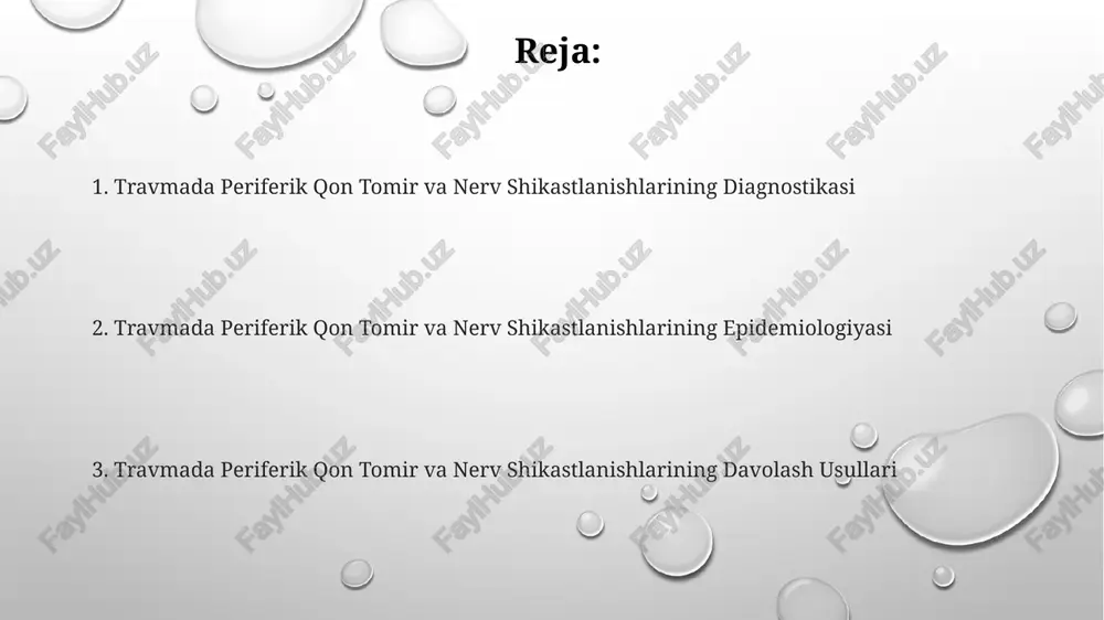 i, taxminan 5-10% hollarda kuzatiladi va ularning oldini olish uchun postoperatsion davrda antikoagulyantlar qo'llaniladi. klinik ko'rinishlar oyoq-qo'lning 60% gacha og'rig'i, paresteziya (uyqusizlik) va idishemiya belgilari bilan namnayinish kuzatiladi, bu esa to'qimalarning gipoksiyasini ko'rsatadi. periferik asab shikastlanishi radial, ulnar yoki tibial nervlarning shikastlanishiga bog'liq holda qo'lning 50-75% harakatlanish buzilishiga olib kelishi mumkin. arteriya shikastlanishida pulsatsiyaning yo'qolishi, teri rangining o'zgarishi (siyanoz, oqarish), sovuqlik va kapillyar to'ldirish vaqtining 1-2 soniyadan ortib ketishi kuzatiladi. periferik qon tomir va nerv shikastlanishlarining ta'rifi klinik jihatdan, periferik qon tomir va nerv shikastlanishlari o'tkir og'riq, shish, giperemiya, pareziya, paresteziya, sezuvchanlik yo'qolishi yoki mushaklarning atrofiyasi kabi turli xil simptomlar bilan namoyon bo'lishi mumkin, bu shikastlanish darajasiga va joylashuviga bog'liq. nerv shikastlanishlari esa periferik nervlarning to'liq yoki qisman uzilishi, siqilishi yoki cho'zilishi natijasida yuzaga keladigan funktsional buzilishlarni bildiradi; seddon tasnifi bo'yicha aksonal nevropadiya, axonotmezis va nevropadiya kabi 3 ta asosiy toifa mavjud. periferik qon tomir shikastlanishlari arterial, venoz yoki kapillyar …