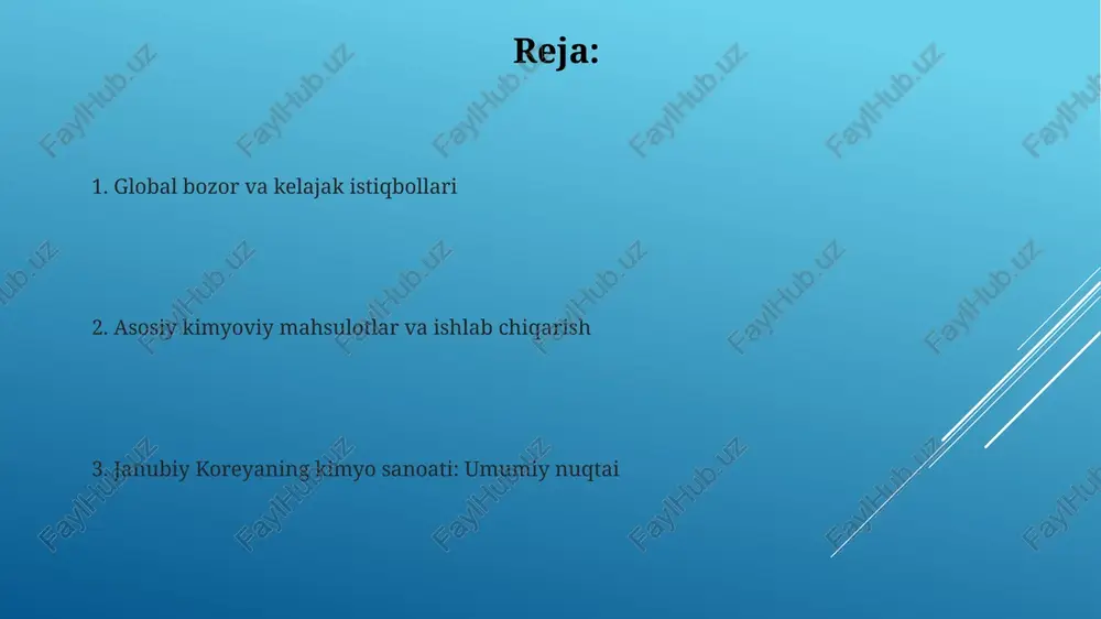 n tonnani tashkil etadi. kimyoviy o'g'itlar sanoati koreya kimyoviy o'g'itlar ishlab chiqaruvchilari eksportga yo'naltirilgan bo'lib, global bozorda kompleks o'g'itlar, jumladan, npk (azot, fosfor, kaliy) turlarini yetkazib berishda muhim rol o'ynaydi. mamlakatda ishlab chiqarilayotgan o'g'itlarning 70% dan ortig'i yuqori samarali formulalar bo'lib, bu hosildorlikni oshirish va atrof-muhitga ta'sirni kamaytirishga qaratilgan. sanoatning ekologik jihatlari kimyo sanoatining suv resurslariga ta'siri minimallashtirish maqsadida, suvni tozalash va qayta ishlash texnologiyalariga 2023-yilgacha 5 milliard aqsh dollari miqdorida investitsiya kiritildi. mamlakatda 200 dan ortiq kimyoviy korxonalar havoni ifloslantiruvchi moddalar emissiyasini kamaytirish bo'yicha qat'iy davlat standartlariga rioya qilishi shart. xalqaro hamkorlik va investitsiyalar janubiy koreya hukumati kimyo sanoatiga xorijiy investitsiyalarni jalb qilish uchun soliq imtiyozlari va boshqa rag'batlantiruvchi dasturlarni taklif qilib, 2023-yil uchun 70 dan ortiq qo'shma korxonalarni ro'yxatdan o'tkazdi. janubiy koreya kimyo sanoati 2022-yilda xorijiy kompaniyalar bilan 5 milliard dollarlikdan ortiq to'g'ridan-to'g'ri xorijiy investitsiyalarni jalb qilgan, bu sohaning global raqobatbardoshligini oshirishga yordam berdi. texnologik taraqqiyot va innovatsiyalar …