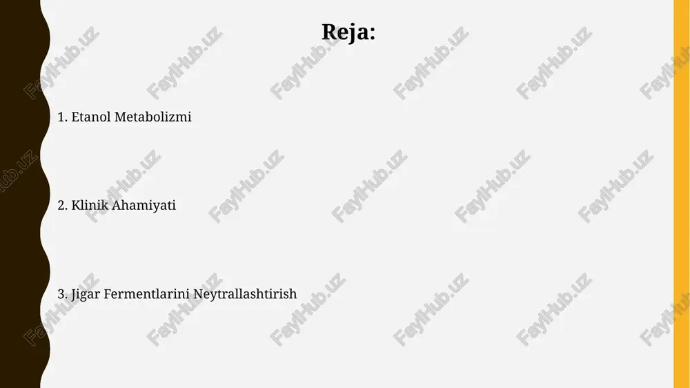 ivojlanishini bildirishi mumkin. jigar shikastlanishining dastlabki bosqichlarida alt (alanin aminotransferaza) darajasi 30 u/l dan yuqori ko'tarilishi mumkin, bu gepatotsitlarning shikastlanishini ko'rsatadi. meos tizimi va uning roli meos tizimi etanolni oksidlashda sitoxrom p450 2e1 (cyp2e1) fermentining muhim rolini o'ynaydi va bu jarayon jigar hujayralariga toksik ta'sir ko'rsatishi mumkin. yuqori dozalarda etanol iste'mol qilinganda, meos tizimi faollashadi va etanolning 20-30% gacha bo'lgan qismini metabolizm qiladi, bu esa asetaldehid hosil bo'lishiga olib keladi. alat va asat fermentlari: klinik ahamiyati alatning asat ga nisbati jigar kasalliklarining turini aniqlashda yordam beradi; masalan, alkogolsiz yog'li jigar kasalligida alat/asat nisbati 1 dan yuqori bo'ladi. alat va asat darajalarining o'rtacha normal qiymati 0-40 u/l oralig'ida bo'lib, yuqori ko'rsatkichlar jigar sirrozidan tortib, gepatitgacha turli kasalliklarni bildirishi mumkin. davolash usullari va profilaktika choralar spirtli ichimliklarni iste'mol qilishni cheklash yoki butunlay to'xtatish, kuniga 2 litrgacha suv iste'mol qilish va to'g'ri ovqatlanish jigar fermentlarining normal holatiga qaytishini tezlashtiradi. jigar fermentlarining faolligini pasaytirish …