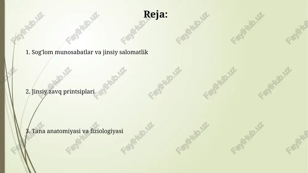 an yuqadigan infektsiyalar (jyiy)ning 30 dan ortiq turi mavjud bo'lib, ularning aksariyati samarali davolash usullariga ega. erta tashxis va davolanish jiddiy asoratlardan saqlaydi. shaxsiy afzalliklar va xohishlar jinsiy aloqada shaxsiy afzalliklarning 70% dan ortig'i individual fiziologik xususiyatlarga va 30% atrofi esa psixologik omillarga bog'liq bo'ladi. o'zaro rozilik va ochiq muloqot jinsiy qoniqish darajasini sezilarli darajada oshiradi, shuningdek, noxush tajribalardan qochishga yordam beradi. e'tiboringiz uchun rahmat @taqdimot_robot image1.jpg image2.jpg image3.jpg image4.jpg image5.jpg image6.jpg