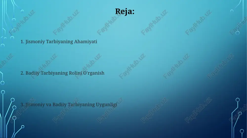 a muhim rol o'ynaydi, kuniga kamida 7-8 soat uxlash va meditatsiya kabi stressni kamaytirish usullaridan foydalanish tavsiya etiladi. to'g'ri ovqatlanish, sog'lom turmush tarzining muhim tarkibiy qismi hisoblanib, kunlik kaloriyalar miqdorini nazorat qilish va 5 ta asosiy oziq-ovqat guruhlaridan foydalanish muhim. estetik tarbiyaning mohiyati estetik tarbiya shaxsning 3 ta asosiy qirrasini – hissiy, intellektual va ijodiy qobiliyatlarini rivojlantirishga qaratilgan murakkab jarayondir. estetik didni shakllantirishda 5 ta sezgilarning (ko‘rish, eshitish, hid bilish, ta’m bilish va teginish) muvozanatli rivojlanishi muhim ahamiyat kasb etadi. sportning estetik jihatlari badiiy gimnastika, figurali uchish kabi sport turlarida estetik baholash mezonlari aniq bo'lib, 10 balldan iborat tizim yordamida, texnika va badiiylikka teng ta'sir ko'rsatiladi. sportning estetik jihatlari raqobatning dinamikasi, 3-5 sekund ichida amalga oshiriladigan harakatlarning aniqligi va sportchining harakatlarining uyg'unligi kabi omillar orqali namoyon bo'ladi. e'tiboringiz uchun rahmat @taqdimot_robot image3.jpg image4.jpg image5.jpg image6.jpg image7.jpg image8.jpg image9.jpg image2.png
