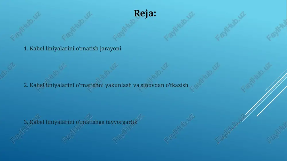 rt. kabel liniyalarini o'rnatish paytida balandlikda ishlashda xavfsizlik kamarlaridan va boshqa 3 nuqtadan iborat himoya vositalaridan foydalanish, shuningdek, 2 metrdan ortiq balandliklarda ishlashda sug'urta tarmoqlaridan foydalanish majburiydir. qazish ishlari va yo'lni tayyorlash qazish ishlarini boshlashdan avval, 1 metrdan kam bo'lmagan chuqurlikda, minimal 0,5 metr masofada joylashgan yer osti kommunikatsiyalarining xaritalari va sxemalari bilan tanishish zarur. yo'lni tayyorlash jarayoni, maksimal 100 kg yuk ko'tarish quvvatiga ega bo'lgan maxsus texnikalar yordamida amalga oshiriladi, bu esa yerning shikastlanishini oldini oladi. kabel biriktiruvchilarini o'rnatish kabel biriktiruvchilarining o'rnatilish zichligi, signalning chastotasi va kabel turiga bog'liq bo'lib, odatda har 50-100 metrda bir biriktiruvchi o'rnatiladi. yuqori sifatli kabel biriktiruvchilari, 99,9% gacha signal uzatish samaradorligini ta'minlaydi va uzoq muddatli ishlashni kafolatlaydi, bu esa ishonchlilikni oshiradi. loyihani topshirish va foydalanishga topshirish loyiha topshirishdan oldin kabel liniyalari sifati bo'yicha 100% tekshiruvdan o'tkazilishi va 50 dan ortiq nuqsonlar aniqlansa, qayta ishlash talab etiladi. foydalanishga topshirish akti kamida 3 muhandis va 2 …