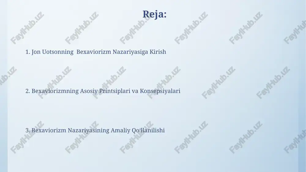 shgan jarayonga aylanadi. uotsonning fikricha, insonning tug'ma instinktlari juda cheklangan bo'lib, xulq-atvor asosan atrof-muhit ta'siri va shartli reflekslar natijasida shakllanadi. bu 2 yoshgacha bo'lgan bolalarda aniqroq kuzatiladi. klassik shartlash shartsiz stimullar (masalan, ovqat) shartsiz reaksiyalarni (masalan, tupurik ajralishi) keltirib chiqaradi, shartli stimullar (qo'ng'iroq ovozi) esa takrorlash orqali shartli reaksiyalarni (tupurish) hosil qiladi. klassik shartlashda, 1920-yillarda pavlov tomonidan o'tkazilgan tajribalarda, itlarning tuyadi 20 dan ortiq takrorlashdan so'ng qo'ng'iroq ovozi bilan shartli ravishda bog'langan. nazariyaning afzalliklari va kamchiliklari biheviorizm 3-o'zgaruvchanlarni nazorat qilishga va xatti-harakatlarni o'zgartirishga imkon beradi, masalan, operant shartlash orqali; ammo bu yondashuv insonning ichki dunyosini e'tiborsiz qoldiradi. jon uotsonning biheviorizm nazariyasi ob'ektiv kuzatishga asoslanganligi va eksperimental tekshiruvlar orqali tekshirilishi mumkinligi bilan 1-afzallik hisoblanadi, bu esa ilmiy ishonchlilikni oshiradi. xulq-atvorni o'zgartirish usullari xulq-atvor terapiyasida 7-10 seans davomida tizimli desensitizatsiya yordamida qo'rquv va xavotirlarni bartaraf etishga erishish mumkin. bu gradusli ta'sir usulidan foydalaniladi. muayyan xulq-atvorlarning chastotasi va intensivligini tahlil qilish orqali, 1-2 …