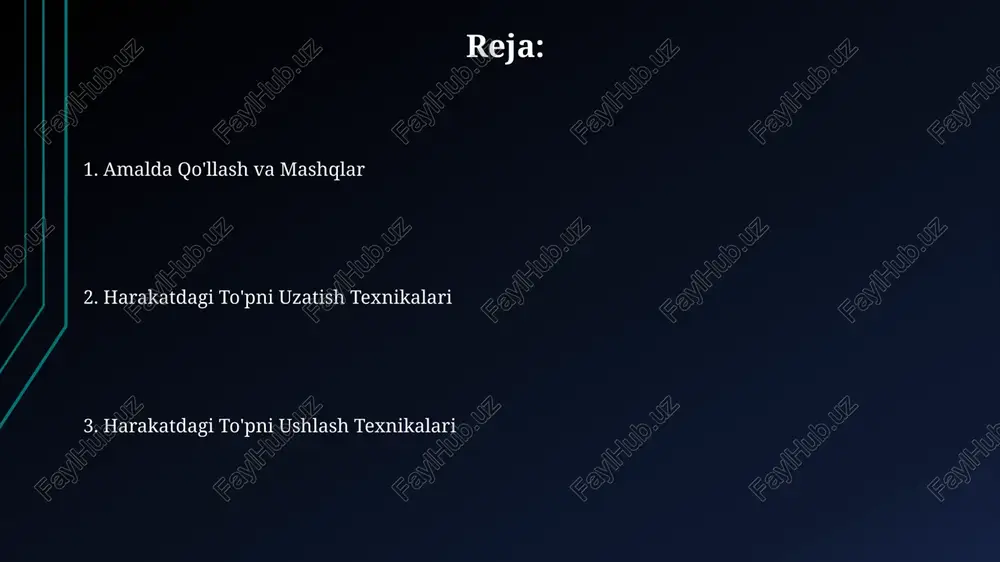 shda 30-45 gradus burchak ostida uzatish aniqligi va masofani oshiradi, shuningdek, raqibning to'sib qo'yish ehtimolini kamaytiradi. to'pni qabul qilishning turli usullari to'pni ikki qo'l bilan qabul qilishda, qo'llarni 30-45 gradus burchak ostida, tirsaklar biroz bukilib, to'pga qarab cho'zish kerak, bu zarbani yumshatish va nazoratni oshirishga yordam beradi. harakatlanayotganda to'pni qabul qilishda, to'pning traektoriyasini 1-2 soniya oldin prognoz qilish, to'pga qarab siljish va to'g'ri pozitsiyani egallash muhimdir. qo'llar va tananing holati to'pni harakatda ushlashda, qo'llarni to'pning yo'nalishiga qarab moslashtirish va to'pni "cho'zish" harakati bilan ushlash muhim. tananing holati esa to'pning tezligiga moslashtiriladi, oyoqlar esa muvozanatni saqlash uchun egiladi. to'pni ushlashda qo'llar 45-90 gradus burchak ostida, tirsaklar biroz bukilib, to'pga yo'naltirilgan bo'lishi kerak. tananing holati esa to'pning yo'nalishiga qarab moslashtirilishi, muvozanatni saqlash uchun oyoqlar yelka kengligida turishi zarur. e'tiboringiz uchun rahmat @taqdimot_robot image1.jpg image2.jpg image3.jpg image4.jpg image5.jpg image6.jpg image7.jpg