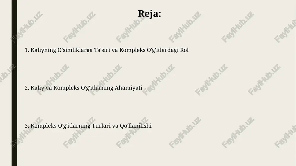 ka ta'siri 100 kg dan yuqori bo'lishi maqsadga muvofiq. o'g'itning granula hajmi, zichligi va eruvchanligi kabi fizikaviy xususiyatlar ham muhim, chunki bu omillar o'g'itning bir tekisda tarqalishi va o'simliklar tomonidan oson so'rilishiga ta'sir qiladi. murakkab o'g'itlarni qo'llash usullari murakkab o'g'itlarni ekishdan oldin yoki ekish paytida, 5-10 sm chuqurlikka solish orqali qo'llash samarali hisoblanadi, bu o'simliklarning ozuqa elementlarini tezroq o'zlashtirishiga yordam beradi. suyuq murakkab o'g'itlarni 1% li eritma holida, vegetatsiya davrida 7-10 kun oralig'ida, barglarga purkash orqali qo'llash mumkin, bu o'simliklarning tez o'sishi va rivojlanishiga yordam beradi. murakkab o'g'itlarning tarkibi va turlari granula, kukunga o'xshash va suyuq holdagi murakkab o'g'itlarning turlari mavjud bo'lib, ularning tarkibi va qo'llanilish usullari ekin turiga va tuproq sharoitiga qarab tanlanadi. masalan, npk 10:10:20 formuladagi murakkab o'g'it kaliyga boy ekinlar uchun tavsiya etiladi. murakkab o'g'itlar tarkibida asosiy ozuqa elementlari – azot (n), fosfor (p2o5) va kaliy (k2o)ning ma'lum nisbatdagi birikmalari bo'lib, masalan, 15:15:15 formulali murakkab o'g'itda har …