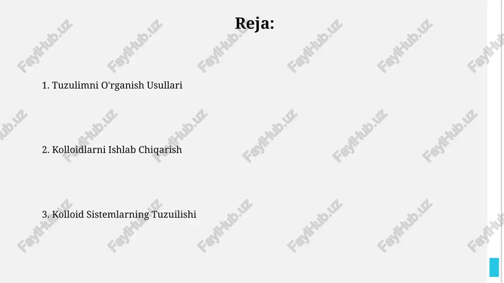 lashda ishlatiladi, bu esa fazoviy tartibsizlik yoki kristall tuzilishini ko'rsatishi mumkin. kichik burchak rentgen sochilish (saxs) usuli yordamida kolloid zarrachalarning shakli, o'lchami va molekulyar og'irligini aniqlash mumkin; odatda, 0.1-10 nm diapazonidagi zarrachalar o'rganiladi. kolloidlarning asosiy turlari liyofil va liyofob kolloidlar o'rtasidagi asosiy farq ularning dispersiyon muhiti bilan o'zaro ta'sirining tabiati bilan belgilanadi. liyofil kolloidlar dispersiyon muhiti bilan kuchli bog'lanishadi, liyofob kolloidlar esa zaif bog'lanishadi. kolloid eritmalarining o'lchami 1 nm dan 1000 nm gacha bo'ladi, bu ularni molekulalar va suspenziyalar o'rtasidagi o'tish holatiga keltiradi. ushbu o'lcham ularning optik xususiyatlari va tyndall effekti bilan namoyon bo'ladi. kondensatsiya usullari kondensatsiya usullarida 10-100 nm o'lchamdagi zarrachalar hosil bo'ladi, bu esa kolloid tizimlarning xarakterli xususiyatlarini aniqlaydi, masalan, tyndall effekti kuzatiladi. kondensatsiya usullarining samaradorligi, masalan, sol-gel usulida, 90% dan yuqori darajada monodispers kolloid zarrachalar hosil qilish imkoniyatiga ega. dispersiyalash usullari dispersiyalashning yuqori tezlikli usullari, masalan, ultratovush yordamida 10-20 mkrongacha bo'lgan zarrachalarni hosil qilish imkonini beradi, bu …