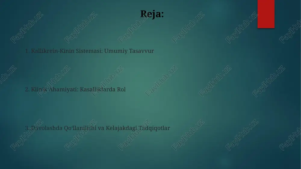 ni tartibga soladi, bu esa qon bosimini nazorat qilishda muhim rol oʻynaydi. kininogenlarning ikki asosiy turi – yuqori molekulyar ogʻirlikdagi kininogen (hmwk) va past molekulyar ogʻirlikdagi kininogen (lmwk) – kallikrein fermentlari tomonidan parchalanib, biologik faol kininlarni hosil qiladi. kallikrein-kinin sistema va shikastlanish shikastlangan to'qimalarda kallikrein darajasi 5-10 marta ortadi, bu esa kininlarning ko'payishiga va shish, qizarish va issiqlik kabi yallig'lanish belgilarining namoyon bo'lishiga olib keladi. kinin b1 retseptorlari shikastlangan to'qimalarda, ayniqsa, ishemiya va gipoksiya sharoitida ko'payadi, bu esa kallikrein-kinin sistemasining og'riq va yallig'lanish signalizatsiyasiga ta'sirini kuchaytiradi. kallikrein-kinin sistemasi va qon bosimi ace inhibitörleri kallikrein-kinin sistemasini faollashtirib, bradikinin parchalanishini kamaytiradi va natijada qon bosimini pasaytiruvchi ta'sir ko'rsatadi. kallikrein-kinin sistemasining faollashuvi qon bosimining 10-20 mmhg ga ko'tarilishiga olib kelishi mumkin, bu esa gipertenziya rivojlanishida muhim rol o'ynaydi. kallikrein-kinin sistemasi: klinik ahamiyati va davolash bradikinin kabi kininlar yalligʻlanish jarayonlarida ishtirok etadi va ogʻriq retseptorlarini faollashtirib, ogʻriqni kuchaytiradi, shu bilan birga 5-10% hollarda angioödem …