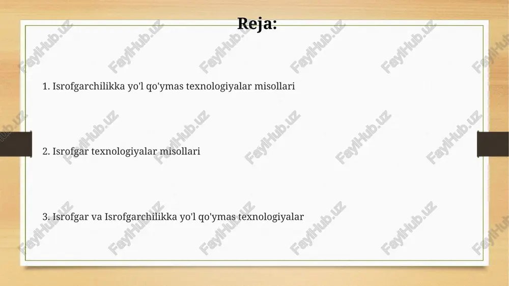 beradi va yer osti suvlarining tuzlanishini oldini oladi. isrofgar va isrofsiz texnologiyalarni taqqoslash isrofsiz texnologiyalar ishlab chiqarish jarayonida chiqindilarni 50% ga kamaytirishi mumkin, bu esa iqtisodiy foyda keltiradi va ekologik iz qoldiqlarini pasaytiradi. isrofgar texnologiyalar 30% ga ko'proq energiya sarflaydi va 20% ko'proq chiqindilar hosil qiladi, isrofsiz texnologiyalar esa resurslarni tejashga va atrof muhitni muhofaza qilishga yordam beradi. isrofgar texnologiyalarning ta'mirlash xarajatlari isrofsiz texnologiyalarga nisbatan 40% yuqori bo'lishi mumkin, chunki ular tezroq eskiydi va buzilish ehtimoli yuqori. davlat siyosati va isrofsiz texnologiyalar atrof-muhitni muhofaza qilish bo'yicha milliy strategiyada 2025-yilga qadar chiqindi miqdorini 20% ga kamaytirish maqsadi qo'yilgan bo'lib, bu esa isrofsiz texnologiyalarni joriy etishni va qayta ishlash infratuzilmasini rivojlantirishni talab qiladi. davlat siyosati energiya samaradorligini oshirishga qaratilgan 2030-yilgacha bo'lgan milliy dasturlarni o'z ichiga oladi, bu esa isrofsiz texnologiyalarni joriy etishni rag'batlantiradi va 15% gacha energiya tejashga yordam beradi. isrofsiz texnologiyalarni qo'llashni rag'batlantirish uchun davlat tomonidan beriladigan subsidiyalar va soliq imtiyozlari, …