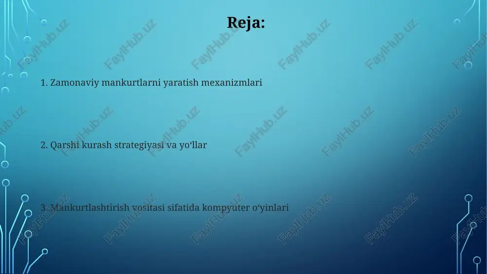 hakllantirishda sportning 30 dan ortiq turi mavjud boʻlib, ularning har biri jismoniy va aqliy sogʻliqni mustahkamlashga yordam beradi. kompyuter oʻyinlariga qaramlikning oldini olish uchun kuniga kamida 60 daqiqa jismoniy faoliyat bilan shugʻullanish tavsiya etiladi. shaxsiyatning shakllanishiga taʼsiri o'yin qaramligiga chalingan shaxslarning 30% dan ortig'ida ijtimoiy izolyasiya kuzatiladi, bu esa ijtimoiy ko'nikmalarni rivojlantirish va sog'lom munosabatlarni o'rnatishga to'sqinlik qilib, shaxsiyatning to'liq shakllanishiga xalaqit beradi. kompyuter o'yinlarining ortiqcha isteʼmoli miyaning prefrontal korteksini, xususan, ijtimoiy xulq-atvor va qaror qabul qilishga javobgar bo'lgan qismlarini 20% ga zaiflashtirishi mumkin, bu shaxsiyatning shakllanishiga salbiy taʼsir ko'rsatadi. oʻyinlardagi zoʻravonlik va uning oqibatlari virtual muhitdagi zoʻravonlikning takrorlanuvchi tasvirlari miyada dopamin darajasini oʻzgartirib, haqiqiy hayotdagi zoʻravonlikka nisbatan sezgirlikni pasaytiradi, bu esa desensitizatsiya deb ataladi. oʻyinlardagi zoʻravonlikning 70% dan ortigʻi bolalar va oʻsmirlarda tajovuzkorlikning kuchayishiga, tengdoshlari bilan munosabatlardagi muammolarga va oʻziga ishonchsizlikka olib kelishi mumkin. qaramlik va ijtimoiy izolyatsiya muammolari oʻyinlardagi virtual munosabatlar haqiqiy hayotdagi ijtimoiy aloqalarni almashtirib, oʻyinchilarni 4 …