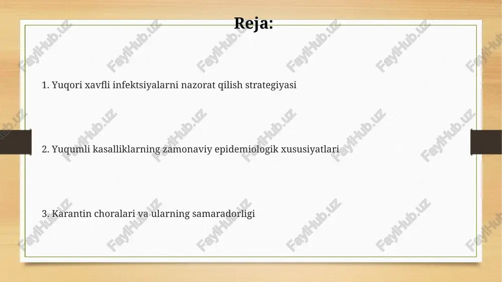 ichiga olgan holda, samarali usul hisoblanadi. kasallikning og'ir shakllarini oldini olish uchun immunitetni mustahkamlashga qaratilgan profilaktika choralari, jumladan, kamida 6 oyda bir marta grippga qarshi emlash va sog'lom turmush tarzini olib borish muhim ahamiyatga ega. o'ta xavfli infektsiyalarni aniqlash va tasnifi epidemiologik tahlil jarayonida, yuqori xavfli infektsiyalarni aniqlashda kasallikning reproduktiv soni (r0) kabi ko'rsatkichlar muhim rol o'ynaydi, bu ko'rsatkich yuqumli kasallikning tarqalish darajasini aks ettiradi. yuqori xavfli infektsiyalarni jahon sog'liqni saqlash tashkiloti (jsst) tomonidan berilgan xalqaro tasnifga muvofiq, 6 ta asosiy toifaga bo'lish mumkin, har bir toifa o'ziga xos patogenlar va tarqalish xususiyatlariga ega. virusli gematologik isitmalar, lassa isitmasi kabi qator yuqori xavfli infektsiyalar o'lim darajasi 50% dan yuqori bo'lgan yuqori darajada o'limga olib kelishi mumkin, shuning uchun erta diagnostika va davolash juda muhimdir. kelajakdagi pandemiyalarga tayyorgarlik epidemiologik nazorat tizimlarini raqamlashtirish va sun'iy intellekt texnologiyalaridan foydalanish pandemiyaning dastlabki bosqichlarida aniqlash va javob berish vaqtini 2-3 baravar qisqartirishga yordam beradi. virus …