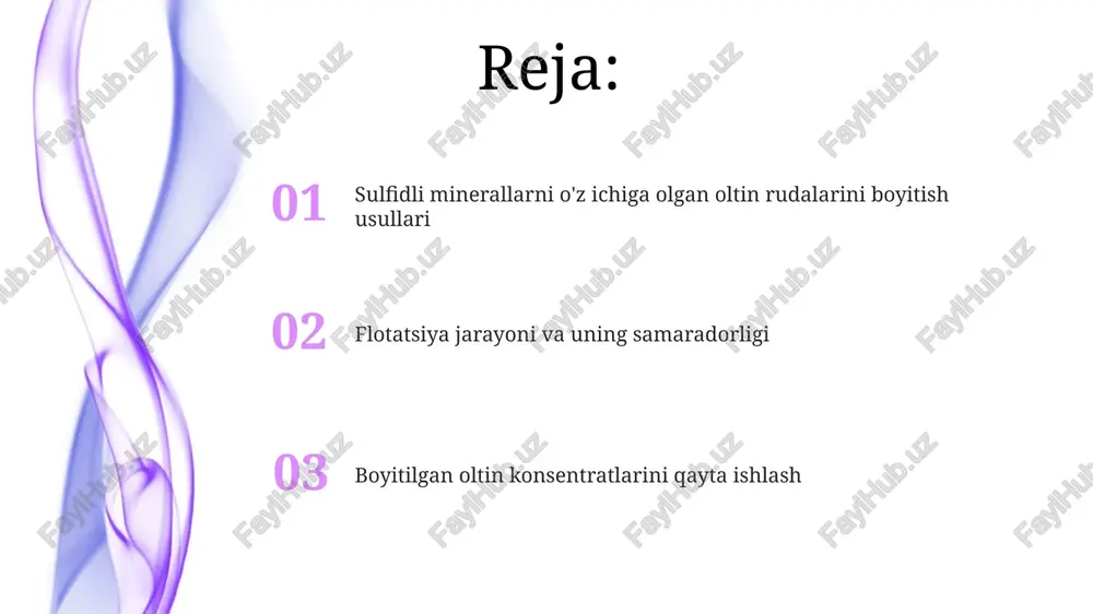 dorligi, oltin zarralarining o'lchami va shakliga, shuningdek, boyitilayotgan xom ashyoning mineralogik tarkibiga bog'liq bo'lib, odatda 60-90% oralig'ida o'zgaradi. gravitatsion usullar, zichligi 10 g/sm³ dan yuqori bo'lgan oltin zarralarini, sulfid minerallarning zichligidan (masalan, pirrotinning zichligi taxminan 5 g/sm³) foydalanib, samarali ajratib olish imkonini beradi. boyitish usullarining tanlanishi boyitish usullarining tanlanishi, ruda tarkibidagi oltin miqdori (masalan, 1 g/t dan kam yoki undan yuqori) va sulfid minerallarning turi (pirrotin, xalkopirit va boshqalar) kabi omillarga bog'liq. sianidli quyish usuli, past darajadagi oltinli rudalarni boyitishda samarali bo'lib, 0.5 g/t dan kam oltin miqdoriga ega rudalar uchun ham qo'llanilishi mumkin. siyanidli leşash usuli bilan boyitish siyanidli leşash, 0.01-0.1% gacha bo'lgan siyanid eritmalari yordamida amalga oshiriladi va reaktsiyaning to'liqligi uchun 24-72 soat vaqt talab etiladi. siyanidli leşash usuli, oltinni sulfid minerallaridan 90% gacha ajratib olish imkonini beradi, bu esa yuqori darajadagi boyitishni ta'minlaydi. e'tiboringiz uchun rahmat @taqdimot_robot image4.jpg image5.jpg image6.jpg image7.jpg image8.jpg image9.jpg image10.jpg image1.jpeg image2.jpeg image3.jpeg