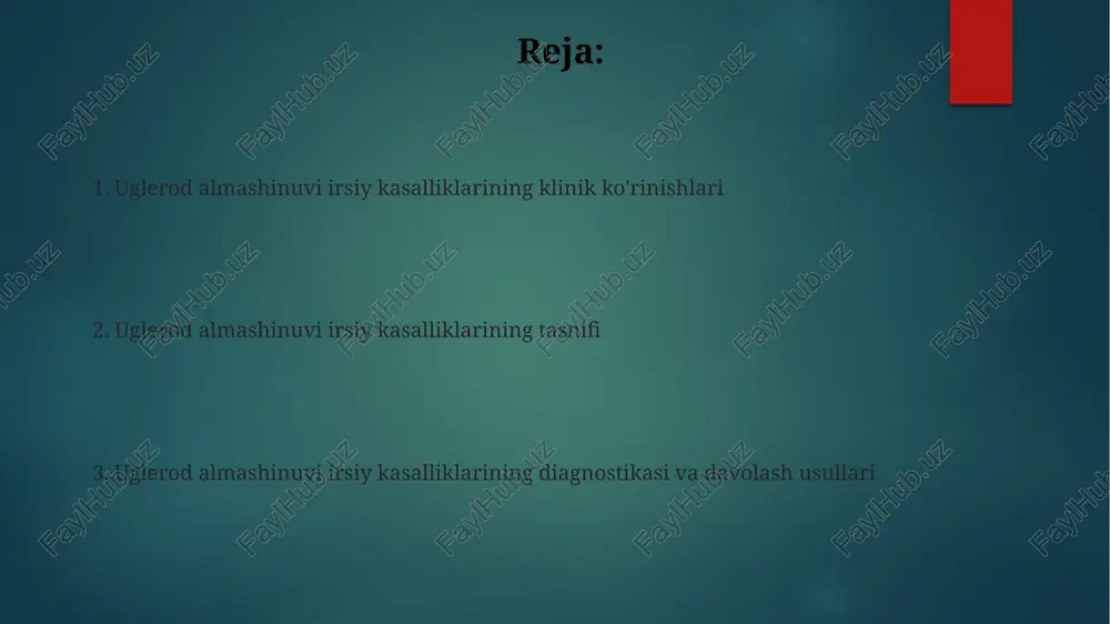 ga olib kelishi mumkin. organik asidemiyalar propionik asidemiya, propionil-koa karboksilaz fermentining genetik nuqsoni tufayli kelib chiqadi va qonda propion kislotasining to'planishiga, neyrologik muammolarga olib keladi. organik asidemiyalar, jumladan, piruvat dehidrogenaza yetishmovchiligi kabi, energiya ishlab chiqarish jarayonlarini buzadi va qonda laktat darajasining 5 mmol/l dan yuqori ko'tarilishiga olib kelishi mumkin. fruktoza metabolizmining buzilishi hereditar fruktoza intoleransiyasi (hfi) aldolaza b fermentining etishmovchiligi bilan bog'liq bo'lib, jigar, buyrak va ichakda fruktoza to'planishiga olib keladi. fruktozuriya fruktokinase fermentining yetishmovchiligi tufayli yuzaga keladi va qondagi fruktoza darajasining oshishi bilan tavsiflanadi, ammo klinik ahamiyatga ega bo'lmagan holat hisoblanadi. metilmalonik asidemiya mutatsiyalar tufayli, metilmalonil-koa mutazasi fermentining 50% dan ortiq faolligi yo'qoladi va bu metilmalon kislotasi darajasining oshishiga olib keladi. kasallikning og'irligi genetik mutatsiyaning turiga va metilmalon kislotasining qondagi miqdoriga bog'liq bo'lib, bir qancha klinik namoyon bo'lishi mumkin, jumladan, gipoglyukemiya. alkaptonuriya alkaptonuriya, homogentisate 1,2-dioksigenaza fermentining genetik nuqsoni tufayli kelib chiqadi va bu ferment organizmda 250 dan ortiq metabolik …