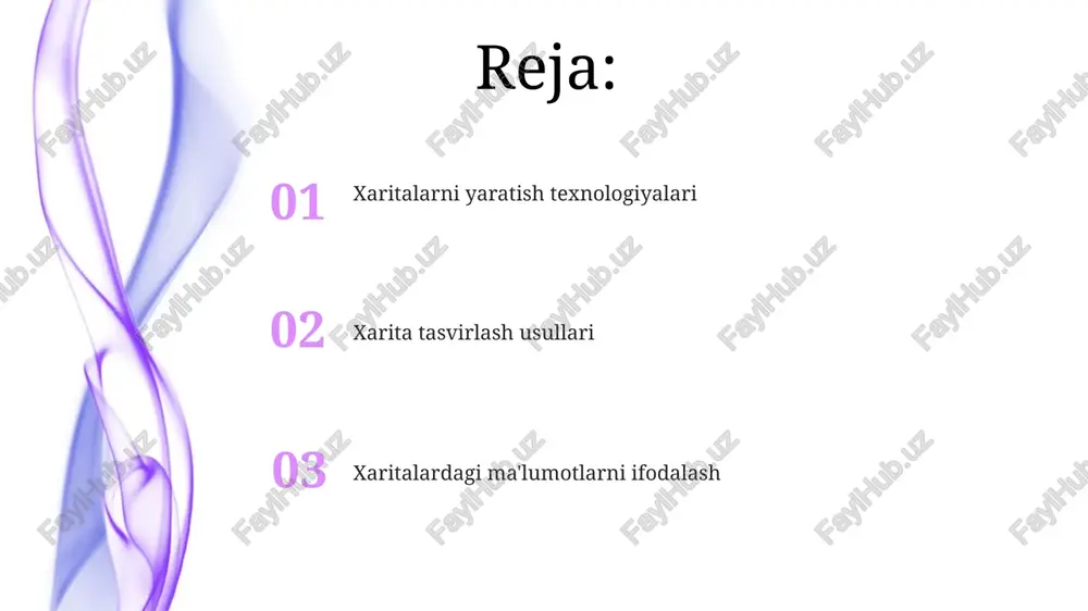 ik tahlil orqali 3 o‘lchovli makon obyektlarining maydonini, perimetrini va hajmini aniqlash mumkin, bu esa 10 metrgacha aniqlikni ta’minlaydi. 3d xaritalar 3d xaritalar, masalan, raqamli balandlik modeli (rbm) yordamida 256 x 256 piksel o'lchamdagi yuqori aniqlikdagi relyeflarni vizualizatsiya qilish imkonini beradi. 3d xaritalarni turli xil vektor va raster ma'lumotlarini, jumladan, 10000 dan ortiq nuqtalarni o'z ichiga olgan nuqta bulutlarini, birlashtirish orqali yaratish mumkin. 3d xaritalarni yaratishda geoprocessing texnologiyalari, masalan, arcgis pro yoki qgis kabi dasturlar va lidar yoki fotogrammetriya kabi ma'lumot manbalari ishlatiladi. shartli belgilar shartli belgilar tizimi xarita o'qishni soddalashtiradi va geografik ma'lumotlarning aniq va tushunarli taqdim etilishini ta'minlaydi. masalan, ranglar va shakllar yordamida 5 dan ortiq turdagi geografik obyektlarni farqlash mumkin. shartli belgilar xaritalarda 1:10 000 dan 1:1 000 000 gacha bo'lgan masshtablarda turli xil geografik obyektlarni tasvirlash uchun ishlatiladi, bu ularning hajmi va murakkabligiga bog'liq. shartli belgilarning turlari nuqtaviy, chiziqli, areal va murakkab belgilarni o'z ichiga oladi, …