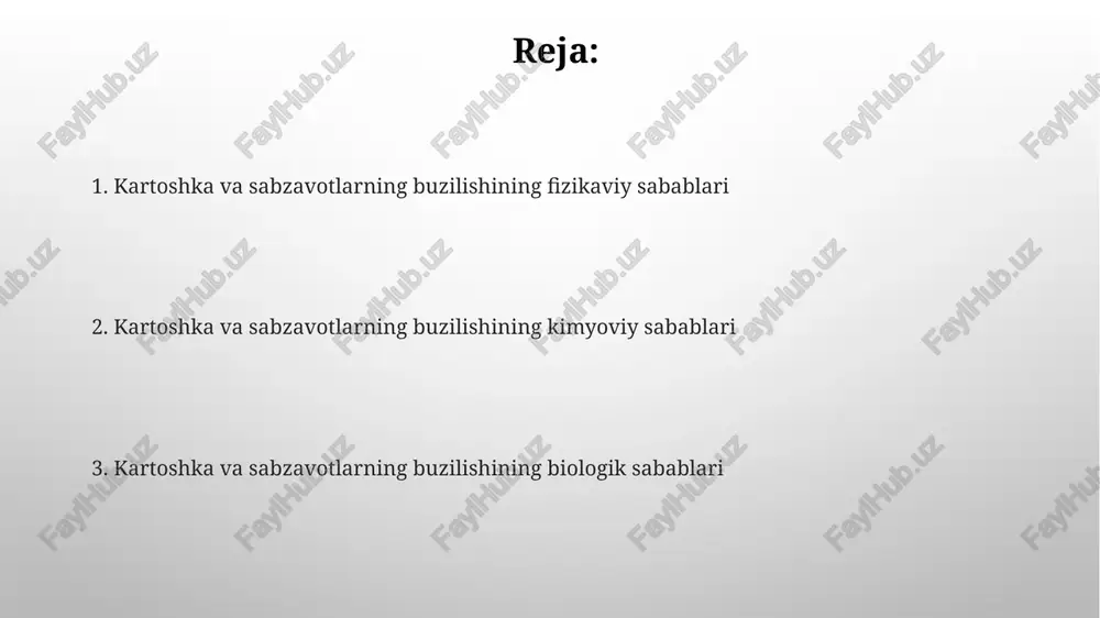 oshka va ba'zi sabzavotlarda nafas olish jarayonini buzishi va uning tezroq chirishiga olib kelishi mumkin. yuqori konsentrasiyadagi oltingugurt dioksidi (so2) sabzavotlarning rangini o'zgartirib, to'q jigarrang yoki hatto qora rangga olib kelishi mumkin, bu esa ularning sifatini pasaytiradi. kartoshka va sabzavotlarning buzilishiga olib keluvchi mikroorganizmlar kartoshka va sabzavotlarda 100 dan ortiq turdagi bakteriyalar, xamirturush va mog'or qo'ziqorinlari, jumladan, erwinia, pseudomonas va bacillus turlari buzilishga olib kelishi mumkin. patogen zamburug'larning 5-10 turi, masalan, phytophthora infestans (kech yengil kasalligi qo'zg'atuvchisi), kartoshka va sabzavotlarda chiriyotgan jarayonlarni keltirib chiqaradi va ularning sifatini sezilarli darajada pasaytiradi. namlikning ta'siri namlikning notekis taqsimlanishi, masalan, 70% dan past va 95% dan yuqori zonalarning mavjudligi, kartoshka va sabzavotlarda ko'karib ketish va chirish xavfini sezilarli darajada oshiradi. namlik miqdori 90% dan yuqori bo'lgan sabzavot va kartoshkaning saqlash muddati sezilarli darajada kamayadi, chunki yuqori namlik mikroblarning ko'payishi va chirishi jarayonlarini tezlashtiradi. yig'ib olish va qayta ishlash jarayonlaridagi xatolar notoʻgʻri yigʻib olish texnologiyalari, …