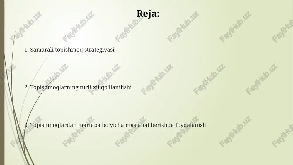 rajasiga moslashuvchan yondashuvni ta'minlaydi. topishmoqlar yordamida 5 ta turli kasb vakillarining xususiyatlarini aks ettiruvchi 10 tadan ortiq topishmoq tuzish, kasb tanlash jarayonini qiziqarli va o'yinchoq shaklida o'tkazish imkonini beradi. kamida 30 ta turli sohalarni qamrab oluvchi topishmoqlar to'plamini yaratish, o'quvchilarga kengraq kasb ko'rinishlari bilan tanishish va o'z qobiliyatlarini baholay olishga yordam beradi. topishmoqlarning kasbiy yoʻnalishda qoʻllanilishi topishmoqlar, professional kompetensiyalarni – analitik fikrlash, muammo yechish va kreativlik kabi muhim ko'nikmalarni rivojlantirishga 15% hisasini qo'shadi. o'quvchilarning 80% i topishmoqlar yordamida berilgan kasbiy ma'lumotlarni an'anaviy usullarga nisbatan 3 barobar samaraliroq o'zlashtirishlari kuzatilgan. topishmoqlar, 5 ta turli kasb vakillarining xususiyatlarini aks ettiruvchi mulohazalarni o'z ichiga olgan holda, kasb tanlashda qaror qabul qilish jarayonini 20% ga tezlashtirishi mumkin. e'tiboringiz uchun rahmat @taqdimot_robot