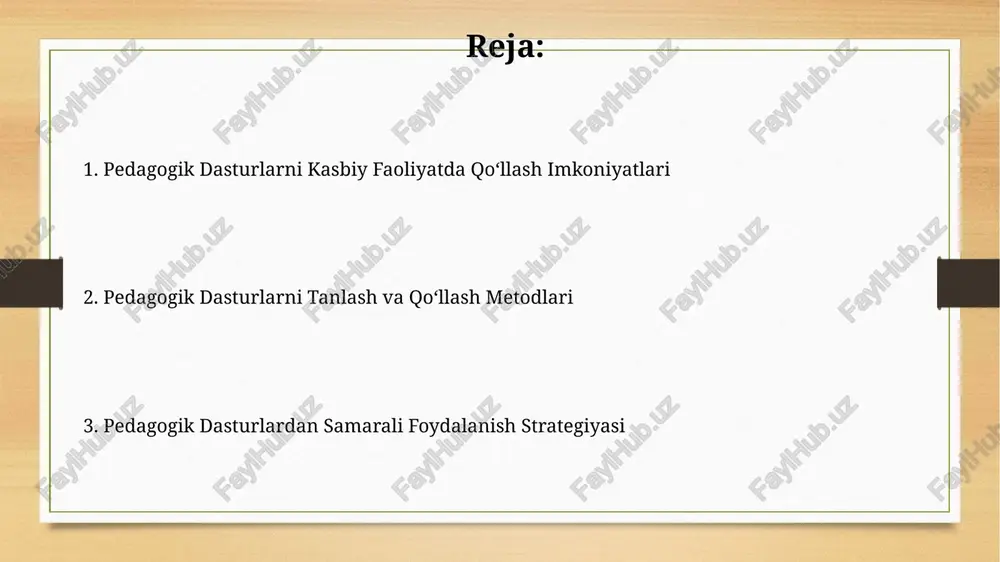 ligini 20% ga oshirish uchun interaktiv simulyatsiyalar va virtual mashg'ulotlarni o'z ichiga olgan 5 ta pedagogik dasturdan foydalanish tavsiya etiladi. pedagogik dasturlar, masalan, onlayn o'quv platformalari, xodimlarni 30% ga tezroq yangi ko'nikmalarga o'rgatish imkonini beradi va shu bilan samaradorlikni oshiradi. o'quv jarayonini pedagogik dasturlar yordamida optimallashtirish interfaol o'yinlar va simulyatsiyalarni qo'llash orqali 5-7 kishilik kichik guruhlarda hamkorlikda ishlash ko'nikmalarini rivojlantirish mumkin, bu esa muloqot va muammolarni hal qilish qobiliyatini oshiradi. onlayn platformalardan foydalanish orqali 200 dan ortiq o'quvchilarga bir vaqtning o'zida individual yondashuv bilan ta'minlash, shaxsiylashtirilgan o'quv rejalari yaratish imkoniyatini beradi. pedagogik dasturlarni samaradorligini baholash usullari o'quv jarayonida interaktivlik darajasini 5 ball shkalasi bo'yicha baholash va shu asosida dasturning jalb etish darajasini aniqlash samarali usul hisoblanadi. dasturdan foydalanishdan avval va keyin o'quvchilar bilimini baholash orqali, o'rtacha 15 balldan ortiq farq kuzatilsa, dasturning ta'siri yuqori deb hisoblanadi. pedagogik dasturlar bilan ishlashda duch keladigan qiyinchiliklar va ularni yechish yo'llari pedagogik dasturlarni integratsiya …