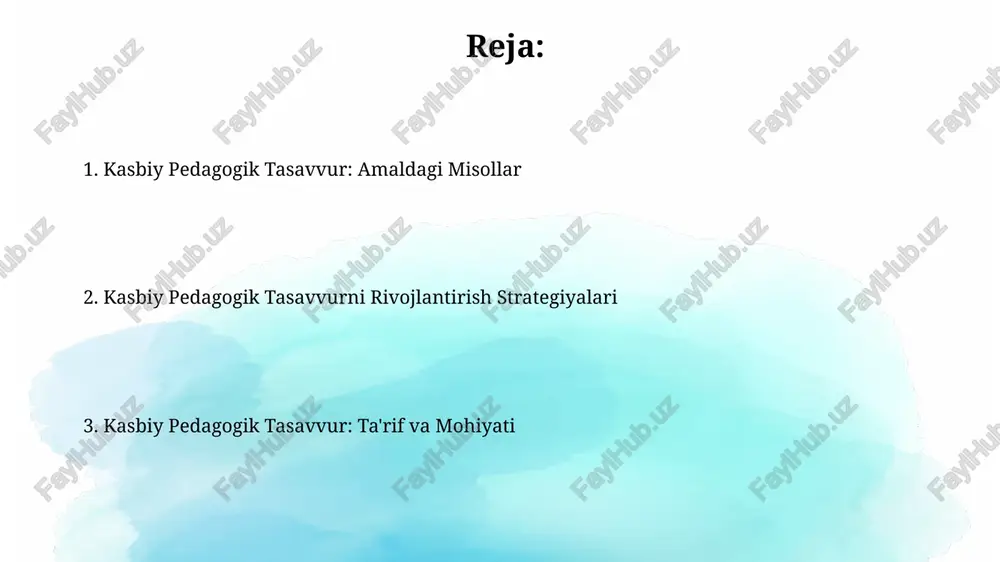 da 4 ta innovatsion usul) va o’quvchilarning o’rganish uslublariga moslashishni o’z ichiga oladi. pedagogik tasavvur tarkibiga o’z-o’zini baholash (kamida 2 ta mezon bo’yicha), ta’lim natijalarini tahlil qilish (5-10 ta ko’rsatkich asosida) va o’qitish amaliyotini takomillashtirishga doir strategiya ishlab chiqish (kamida 3 ta bosqich) kiradi. kasbiy pedagogik tasavvur va o'qitish uslublari o'qitish uslublarini tanlashda kamida 5 ta omilni hisobga olish (o'quvchilarning yoshi, bilim darajasi, qiziqishlari va h.k.) kasbiy pedagogik tasavvurning muhim tarkibiy qismidir. samarali o'qitish uchun kasbiy pedagogik tasavvur 2 ta asosiy yo'nalishni o'z ichiga oladi: innovatsion pedagogik texnologiyalar va individual yondashuv. kasbiy pedagogik tasavvur rivojlanishi o'z ustida ishlash va 10 ta dan ortiq professional rivojlantirish kurslarida ishtirok etish kasbiy pedagogik tasavvur ko'rsatkichlarini 2 baravar oshirishi mumkin. innovatsion pedagogik texnologiyalarni qo'llash kasbiy pedagogik tasavvurning 30% gacha o'sishiga olib kelishi mumkin, degan tadqiqotlar mavjud. e'tiboringiz uchun rahmat @taqdimot_robot image2.jpg image3.jpg image4.jpg image5.jpg image6.jpg image7.jpg image8.jpg image1.png