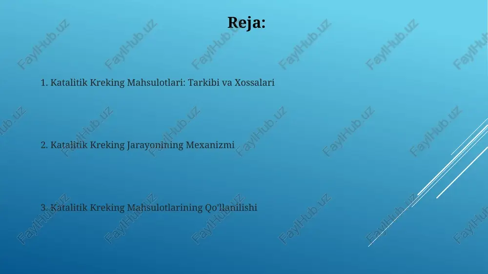 jratadi. asosiy mahsulotlar protsess natijasida olingan gaz yoqilg'isi tarkibida propan va butan miqdori 15-25% ni tashkil etadi, bulardan suyultirilgan gaz (lpg) ishlab chiqarishda foydalaniladi. olingan mahsulotlar orasida aromatlashgan uglevodorodlar ham bor bo'lib, ularning miqdori neftning turi va kreking jarayoni parametrlariga bog'liq ravishda 10-20% ga etadi. mahsulotlarni qayta ishlash qayta ishlash natijasida olingan gaz fraksiyasi, tarkibida propilen va butilen kabi 30% dan ortiq olefinlar boʻlib, petrokimyo sanoatida xom ashyo sifatida ishlatiladi. mahsulotlarni qayta ishlash jarayonida katalitik krekingdan olingan benzin fraksiyasi 90% dan ortiq oktan soniga ega boʻlib, avtomobil yonilgʻisi sifatida yuqori talabga ega. e'tiboringiz uchun rahmat @taqdimot_robot image1.jpg image2.jpg image3.jpg image4.jpg image5.jpg image6.jpg image7.jpg