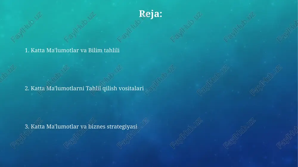 a'lumotlar vizualizatsiyasi uchun kamida 5 ta turli xil grafik va jadvallardan foydalaning, bu murakkab ma'lumotlarni tushunishni osonlashtiradi va aniq xulosalar chiqarishga yordam beradi. bi tizimlarini tanlashda kamida 3 ta turli manbadan ma'lumotlarni integratsiyalash imkoniyatini ta'minlaydigan vositalarni afzal ko'ring, bu sizga to'liqroq tahlil o'tkazishga yordam beradi. katta ma'lumotlar va bi o'rtasidagi bog'liqlik katta ma'lumotlar tahlili natijalari bi vositalari yordamida 30% ga yaqin biznes jarayonlarini avtomatlashtirish va operatsion xarajatlarni kamaytirish imkonini beradi. bi tizimlari katta ma'lumotlar omborlaridan 100 terabaytdan ortiq ma'lumotni qayta ishlash va vizualizatsiya qilish orqali biznesga aniq va tezkor qarorlar qabul qilishda yordam beradi. xulosa va savollar big data tahlilining natijalari shuni ko'rsatdiki, 70% dan ortiq korxonalar biznes jarayonlarini optimallashtirish uchun bi tizimlaridan foydalanmoqda, bu esa samaradorlikni 20% ga oshirishga yordam beradi. katta hajmdagi ma'lumotlarni tahlil qilishda, ma'lumotlar bazasining hajmi 10 terabaytdan oshganda, bi tizimlari samaradorligi sezilarli darajada oshadi, bu esa murakkab tahlillarni tez va samarali bajarish imkonini beradi. katta …