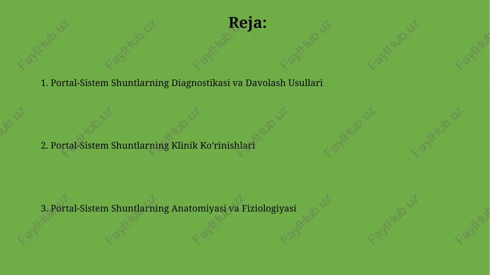 ajada bo'lib, ularni aniqlash uchun maxsus tasviriy diagnostika usullari (angiografiya, msct) talab etiladi. portal-sistem shuntlarning klassifikatsiyasi ularning joylashishiga (intrahepatik, ekstrahepatik) va hajmlariga (kichik, o'rta, katta) bo'linadi, bu esa klinik ko'rinishni aniqlaydi. portal sirkulyatsiyasi anatomiyasi portal venasiga me'da, oshqozon osti bezi, taloq va ichakdan qon to'planib, jigarga oqib boradi, bu esa ozuqa moddalarining metabolizmini va toksinlarni zararsizlantirishni ta'minlaydi. portal sistemasining asosiy qon tomirlari jigar arteriyasi, portal vena va jigar venalaridan iborat bo'lib, ular jigarga qon oqimini ta'minlaydi va taxminan 70% qon portal venadan keladi. laboratoriya tadqiqotlari qondagi ammoniyak (nh3) miqdorining 50-100 mkmol/l dan yuqori bo'lishi portal-sistemik shuntlarning og'ir shakllariga xos bo'lib, jigar ensefalopatiyasi xavfini oshiradi. shuntlarning mavjudligini aniqlashda radioizotopli skanerlash usuli qo'llaniladi, bu usul orqali 90% dan ortiq aniqlik bilan shuntlarning joylashishi va o'lchami aniqlanadi. portal-sistemik shuntlarning ta'rifi portal-sistemik shuntlar jigarni aylanib o‘tuvchi qon oqimini qisman yoki to‘liq qayta yo‘naltiruvchi anomaliyalar bo‘lib, ularning 70% tug‘ma xususiyatga ega. ushbu shuntlar portal tomir …