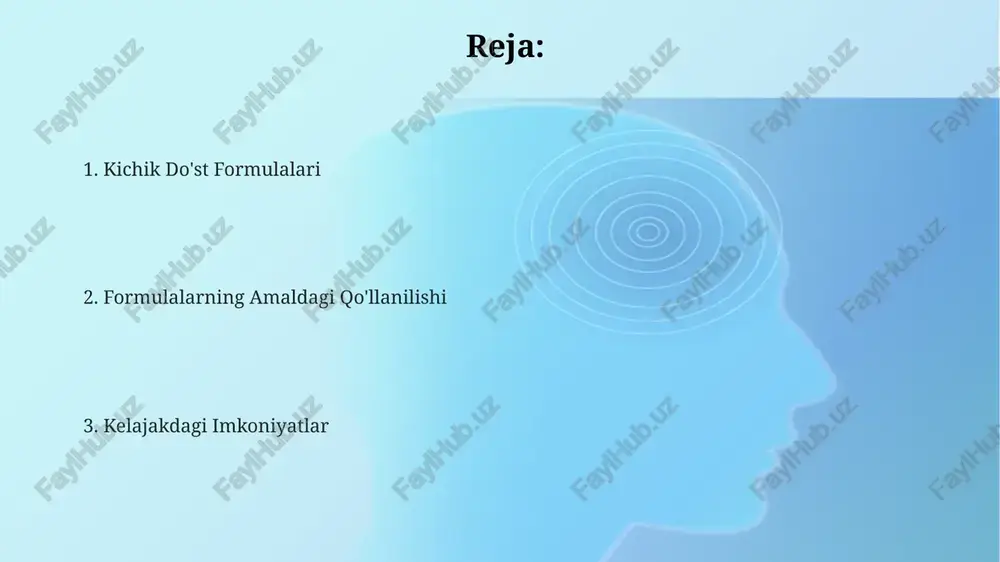 bga ega. formulalarning turlari va xususiyatlari formulalar 2 asosiy turga bo'linadi: matematik va mantiqiy. matematik formulalar sonlar va matematik amallarni o'z ichiga oladi, masalan, 2x+y=5. mantiqiy formulalar esa mantiqiy operatorlar va o'zgaruvchilarni ishlatadi, to'g'ri yoki noto'g'ri qiymatlarni qaytaradi. formulalarning xususiyatlaridan biri ularning aniqligi hisoblanadi. yaxshi tuzilgan formula bir xil kirish ma'lumotlari uchun har doim bir xil natijani beradi, shuningdek ularning tuzilishi va sintaksisi ham muhim ahamiyatga ega. lineer tenglamalar kabi oddiy formulalardan tortib, murakkab differensial tenglamalarga qadar turli xil murakkablikdagi formulalar mavjud. ularning murakkabligi koeffitsiyentlar soni va funksiyalar turiga bog'liq. e'tiboringiz uchun rahmat @taqdimot_robot image1.png
