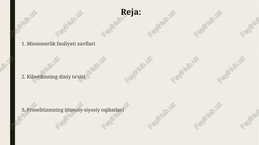 , ayniqsa, kuchli guruh tomonidan amalga oshirilganda, jamiyatdagi mavjud ijtimoiy tuzilmalarni buzishi va 30% gacha bo'lgan ijtimoiy taranglikni keltirib chiqarishi mumkin. dinlararo nizolar sonining o'sishi, prozelitizm natijasida yuzaga keladigan 20% gacha bo'lgan zo'ravonlik va ekstremizm holatlarining ko'payishi bilan bog'liq. siyosiy beqarorlik, prozelitizmning siyosiy manipulyatsiya vositasi sifatida ishlatilishi natijasida, saylovlarda 15% gacha bo'lgan ta'sirga ega bo'lishi mumkin. kiberdinning diniy ta'siri ijtimoiy tarmoqlarda diniy ekstremistik guruhlar faoliyati kuchayib bormoqda, 2022 yilda aniqlangan 500 dan ortiq sahifalar blokirovka qilingan bo'lsa-da, ularning soni yana ko'paymoqda. kibermaydonlardagi diniy targ'ibotning samaradorligi an'anaviy usullarga nisbatan 2-3 baravar yuqori, chunki bu tezkor va keng auditoriyaga yetish imkonini beradi. kiberdinning diniy ta'siri, 2023-yil ma'lumotlariga ko'ra, 15 yoshdan 35 yoshgacha bo'lgan yoshlar orasida 30% ga oshgan, bu esa radikal g'oyalarning tarqalishiga olib kelishi mumkin. e'tiboringiz uchun rahmat @taqdimot_robot