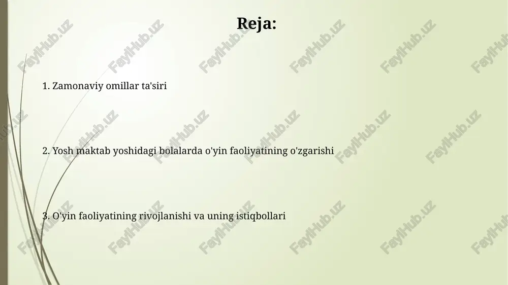 yosh maktab yoshidagi bolalarda o'yin faoliyatining o'zgarishi an'anaviy tashqi o'yinlar, masalan, yashirinchoq yoki to'p o'yinlari kabi faoliyatlarning 15-20% ga kamaygani kuzatilmoqda, bu ijtimoiylashuv va motor rivojlanishiga salbiy ta'sir ko'rsatadi. yosh maktab yoshidagi bolalarda ekranli qurilmalar bilan o'ynash vaqti sezilarli darajada oshgan, o'rtacha kuniga 2-3 soatni tashkil etib, jismoniy faoliyatning pasayishiga olib kelmoqda. ijodiy o'yinlarning ahamiyati ijodkorlikni rivojlantirishda ijodiy oʻyinlar muhim rol oʻynaydi, 5-7 yoshli bolalarda muammo yechish qobiliyatini 30% ga oshiradi va mustaqil fikrlashni ragʻbatlantiradi. ijodiy oʻyinlar, bolalarning ijtimoiy-emotsional rivojlanishiga sezilarli taʼsir koʻrsatib, tengdoshlari bilan hamkorlik qilish, 2-4 kishilik guruhlarda oʻzaro munosabatlarni oʻrnatish koʻnikmalarini shakllantiradi. jismoniy faoliyatning kamayishi zamonaviy texnologiyalarning rivojlanishi, ayniqsa, smartfon va planshetlardan foydalanishning ko'payishi bolalarning jismoniy faolligi darajasini kuniga o'rtacha 2-3 soatga kamaytirmoqda. jismoniy faoliyatning kamayishi bolalarda semirish xavfini 2-3 baravar oshiradi, bu esa yurak-qon tomir kasalliklari va 2-toifa diabet xavfini kuchaytiradi. e'tiboringiz uchun rahmat @taqdimot_robot image1.jpg image2.jpg image3.jpg image4.jpg image5.jpg image6.jpg image7.jpg