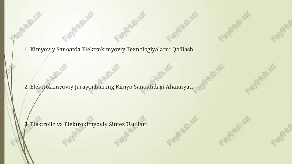 i ajratib olish samaradorligi 85% gacha yetishi mumkin. organik birikmalarning elektrokimyoviy sintezida, masalan, 20-30°c harorat oralig'ida, reaksiya tezligini va selektivligini oshirish uchun katalizatorlar qo'llaniladi. elektrokimyoviy jarayonlarning kimyo sanoatida qo'llanilishi elektroliz jarayonlari yordamida 99,9% soflikdagi metallar, masalan, mis, alyuminiy va sink kabi metallar ishlab chiqariladi, bu esa elektronika va boshqa yuqori texnologiyalar uchun muhim ahamiyatga ega. batareyalar va quyosh batareyalari kabi elektrokimyoviy energiya manbalarini ishlab chiqarishda 1000 dan ortiq turdagi kimyoviy moddalar va murakkab materiallar qo'llaniladi. xlor-ishqor elektrolizi jarayoni yillik 60 million tonnadan ortiq kaustik soda (naoh) va xlor (cl2) ishlab chiqarishda qo'llaniladi, bu kimyo sanoatida asosiy xom ashyo hisoblanadi. elektrokimyoviy analiz usullari elektrogravimetriya, 99,9% gacha tozalikdagi metallarning og'irlikini aniqlash imkonini beruvchi usul bo'lib, elektrolitik cho'ktirish jarayonlarini o'z ichiga oladi. voltamperometriya usuli, elektrod potensialini o‘zgartirish orqali 3-5 mv dan yuqori aniqlikda turli moddalarni aniqlash imkonini beradi, bu esa juda sezgir tahlillarni amalga oshirishga yordam beradi. elektrokimyoviy analiz usullaridan potentsialometriya, 10 -14 …