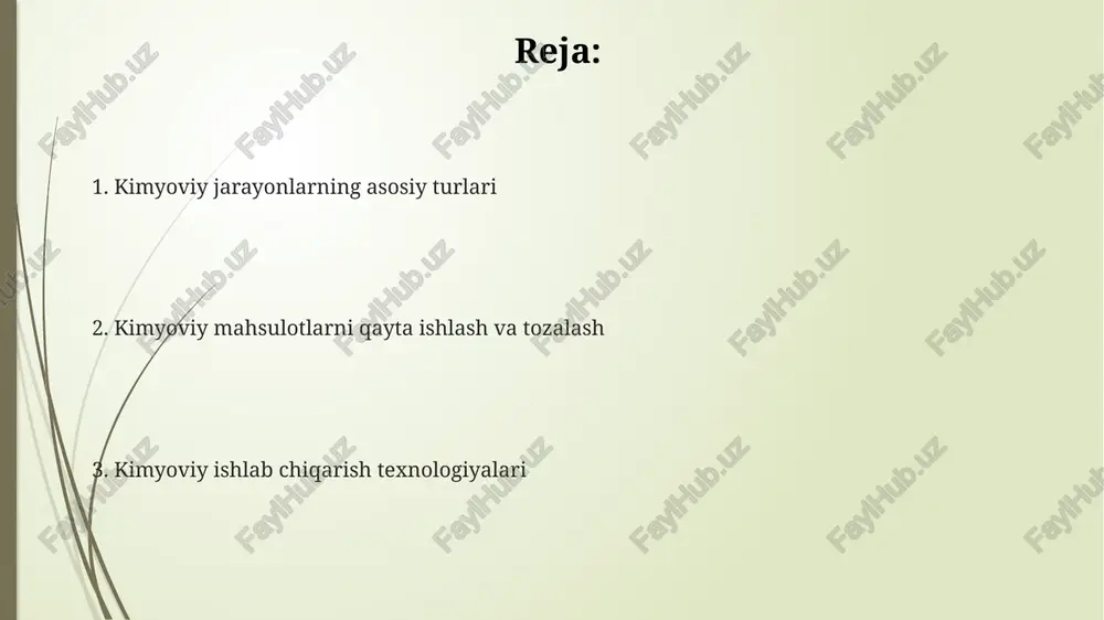 hiqimlarni optimallashtirishga olib keladi. xom ashyo va reagenlar kimyoviy reaksiyalarda reagentlarning molyar nisbati reaksiya mahsulotining hosil boʻlish darajasiga 1:2 dan 1:5 gacha taʼsir qiladi, bu optimallashtirishni talab qiladi. xom ashyoning 500 kg dan ortiq miqdorda yetkazib berilishi, logistika xarajatlarini kamaytirib, ishlab chiqarish jarayonining iqtisodiy samaradorligini oshiradi. xom ashyo va reagentlarni tanlashda ularning tozaligi 99% dan yuqori boʻlishi, reaksiya samaradorligini oshirish va nopokliklarning salbiy taʼsirini kamaytirish muhimdir. kimyoviy jarayonlarning asosiy turlari suyuqlik fazali reaksiyalar, 10-50% kontsentratsiyada o'tkazilishi mumkin va aralashtirishning intensivligi reaksiya tezligiga sezilarli ta'sir ko'rsatadi, shu sababli aralashtirgichlar muhim rol o'ynaydi. kimyoviy jarayonlarning asosiy turlaridan biri, 200 dan ortiq reaksiyalarning bir vaqtda amalga oshirilishini o'z ichiga olgan murakkab ko'p bosqichli jarayonlar hisoblanadi, bu esa yuqori darajadagi samaradorlikni ta'minlaydi. gaz fazali reaksiyalar, masalan, ammiak sintezi kabi, yuqori harorat va bosimda o'tkaziladi va reaktsiyalar tezligini oshirish uchun katalizatorlar qo'llaniladi. bu jarayonlarda 800°c dan yuqori haroratlar ishlatilishi mumkin. e'tiboringiz uchun rahmat @taqdimot_robot