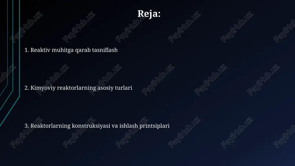 samaradorligini 10-15% ga oshirish imkonini beradi. pistonli oqimli reaktorlar pistonli oqimli reaktorlarda reaksiya vaqti, reaktantlar konsentratsiyasi va harorat profili bo'yicha aniq hisob-kitoblar o'tkazish mumkin, bu esa 90% dan yuqori konversiyani ta'minlaydi. pistonli oqimli reaktorlarning afzalliklaridan biri, ularning nisbatan sodda dizayni va yuqori samaradorligi hisoblanadi, odatda 0,1 dan 10 m³ gacha hajmda ishlaydi. pistonli oqimli reaktorlar turli xil kimyoviy jarayonlar, shu jumladan, gaz fazali va suyuq fazali reaksiyalarni o'tkazish uchun ishlatiladi, haroratni 200°c dan yuqori darajada boshqarish imkoniyatiga ega. aralashma reaktorlari aralashma reaktorlarining samaradorligini baholashda, holda reaktsiya kinetikasi va rezident vaqt taqsimoti kabi 2 ta asosiy parametr hisobga olinadi. aralashma reaktorlari, o'rtacha turdagi reaktsiyaga ega bo'lib, fazoviy konsentratsiya gradienti 0 ga yaqinlashgan va konversiya darajasi 70% dan kam bo'ladi. aralashma reaktorlarida reaksiya tezligi, reaksiyalanuvchi moddalarning konsentratsiyasi va haroratga bog'liq bo'lib, ideal holatda 100% konversiya ga erishib bo'lmaydi. kimyoviy reaktorlarning ta'rifi reaktorlarning asosiy xususiyatlari – hajmi, shakli, materiallaridan tayyorlanishi, ishlash rejimi (uzluksiz …