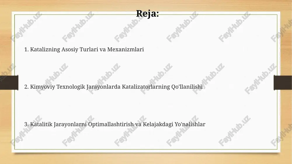 hga yordam beradi. katalizning iqtisodiy ahamiyati katalitik konvertorlar avtomobillar chiqindilaridagi zararli gazlarni 90% gacha kamaytiradi, bu esa ekologik toza muhitni shakllantirishga va sog'liqni saqlashga sezilarli hissa qo'shadi. katalizatorlarning qo‘llanilishi kimyo sanoatida ishlab chiqarish xarajatlarini 15-30% gacha kamaytirishi mumkin, bu esa yuqori rentabellikni ta’minlaydi. global miqyosda katalitik jarayonlar yordamida yiliga milliardlab tonna kimyoviy mahsulotlar ishlab chiqariladi, bu esa jahon iqtisodiyotining muhim qismidir. neftni qayta ishlashda kataliz gidrokreking jarayonida, 300-450°c harorat va yuqori bosimda, nikel va molibden saqlovchi katalizatorlar og'ir neft fraktsiyalarini gidrogenizatsiya va kreking qiladi, ko'proq dizel yoqilg'isi olishga imkon beradi. katalitik riformingda, platformat katalizatorlari (pt/re) ishlatiladi, bunda 480-540°c harorat va bosimda benzinning oktan sonini oshirish va aromatli uglevodorodlar miqdorini ko'paytirishga erishiladi. neftni qayta ishlashdagi katalitik kreking jarayonida, 500-600°c haroratda tseolitli katalizatorlarning yordamida og'ir uglevodorodlar engillariga parchalanadi, benzin hosil bo'lishini ta'minlaydi. katalitik konvertorlar katalitik konvertorlar avtomobil chiqindilaridagi zararli gazlarni, masalan, co, nox va uglevodorodlarni 90% ga yaqin darajada zararsizlantiradigan kimyoviy reaksiyalarni …