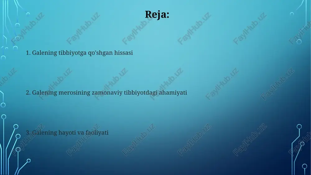 imgi yunon tibbiyotida 4 ta "kayfiyat" (qon, balg'am, sariq va qora safro) tananing sog'lig'iga ta'sir ko'rsatuvchi asosiy omillar sifatida qaralganda, ularning muvozanati sog'lomlikni, nomuvofiqligi esa kasallikni keltirib chiqarishiga ishonilgan. qadimgi yunon shifokorlari, masalan, gipokrat, kasalliklarning tabiiy sabablarini aniqlashga harakat qilib, kuzatuvlar va klinik amaliyotga asoslangan empirik yondashuvni qo'llaganlar, bu esa diagnostika va davolash usullarini rivojlantirishga yordam bergan. galenos va uning davri galen davrida, taxminan 129-216 yillar oralig'ida, rim imperiyasi o'zining yuksalishi davrini boshdan kechirgan, bu esa tibbiyotning rivojlanishiga ham sezilarli ta'sir ko'rsatgan. galen qonning jigarda hosil bo'lishini va tomirlar orqali butun tanaga tarqalishini ta'kidlagan, bu qon aylanishi nazariyasiga dastlabki hissa hisoblanadi, biroq bu nazariya to'liq emas edi. galenosning tibbiy asarlari galenning tibbiy asarlari taxminan 200 dan ortiq risolalarni o'z ichiga olib, anatomiya, fiziologiya, terapiya va farmakologiya kabi sohalarni qamrab olgan. galenning asarlari yunon tilidan arab tiliga, so'ngra lotin tiliga tarjima qilingan bo'lib, g'arbiy tibbiyot rivojiga 1500 yildan ortiq vaqt davomida …