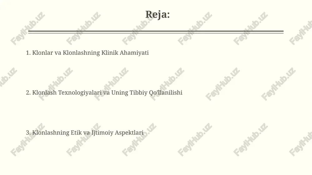 sh texnologiyalari klonlangan hayvonlar, masalan, qo'ylar va sigirlarning immun tizimi zaiflashgan va turli xil infektsiyalarga moyil bo'lishi kuzatilgan. somatik hujayra nukleusini ko'chirish (scnt) klonlash usuli 5% dan kam muvaffaqiyat ko'rsatkichiga ega bo'lib, ko'plab genetik va epigenetik nuqsonlarga olib kelishi mumkin. klonlashning kelajagi klonlash texnologiyalari kelajakda organlar yetishmovchiligini davolashda muhim rol o'ynashi, masalan, yiliga 100 000 dan ortiq odamga yangi organlar berishi kutilmoqda. hayvonlarni klonlash orqali oziq-ovqat mahsulotlarini ishlab chiqarish samaradorligini oshirish, masalan, sut hosildorligini 20% ga oshirish va go'sht sifatini yaxshilash mumkin. terapiya maqsadida klonlash terapiya maqsadida klonlash texnologiyasi, genetik kasalliklarga chalingan bolalarda sog'lom genlarni o'tkazish va 20% gacha tug'ma nuqsonlarni oldini olishda katta potentsialga ega. klonlangan hujayralar yordamida parkinson kasalligi va altsgeymer kabi neyrodejenerativ kasalliklarni davolashda 50% ga yaqin muvaffaqiyat qayd etilgan, ammo bu hali ham klinik sinov bosqichida. e'tiboringiz uchun rahmat @taqdimot_robot image2.jpg image3.jpg image4.jpg image5.jpg image6.jpg image7.jpg image8.jpg