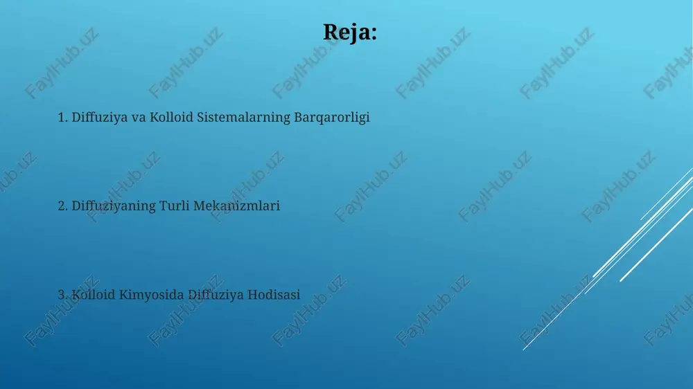 ni beradi. konsentratsiya gradienti va diffuziya diffuziya koeffitsiyenti (d) 10⁻⁹ dan 10⁻¹¹ m²/s gacha bo'lgan kolloid zarrachalar uchun, 1 sm masofaga tarqalish vaqti 10³-10⁵ sekundni tashkil etadi. konsentratsiya gradienti yuqori bo'lganda, ya'ni ikki hudud orasidagi modda konsentratsiyasi farqi 10 mol/m³ dan ortiq bo'lsa, diffuziya tezligi sezilarli darajada oshadi. elektrokinetik hodisalar elektroforez, kolloid zarrachalarning elektr maydonida 1-2 µm/s tezlikda harakatlanishi bo'lib, zaryad miqdori va elektrolit konsentratsiyasiga bog'liq. sedimentasiya potentsiali, og'irlik kuchining ta'siri ostida cho'kayotgan kolloid zarrachalari atrofida paydo bo'ladigan elektr potentsial farqidir, uning qiymati 10-100 mv gacha yetishi mumkin. kolloid kimyosi va diffuziya hodisasi elektroforez hodisasi orqali kolloid zarrachalarining zaryadlanganligi va diffuziya jarayoniga ta'siri o'rganiladi, bu jarayon potensial farq ta'sirida 1-10 µm/s tezlik bilan harakatlanishi mumkin. kolloid tizimlarda diffuziya tezligi zarrachalar o'lchami (1-1000 nm) va muhitning yopishqoqligiga bog'liq bo'lib, stoks-eynshteyn tenglamasi orqali hisoblanadi. diffuziya o'rganish usullari mikroelektroforez usuli kolloid zarrachalarining diffuziya koeffitsiyentini aniqlash uchun ishlatiladi, bu usul zarrachalarning elektrostatik maydondagi harakati …