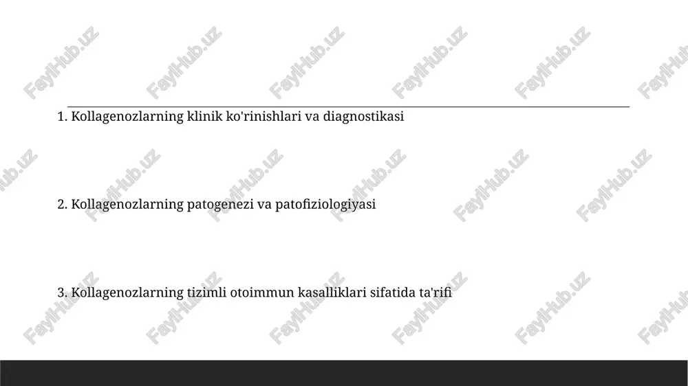 ni kamaytiradi va odatda infuziya yo'li bilan 200-500 mg dozada buyuriladi. kollagenozlarni davolashda yallig'lanishga qarshi dori-darmonlar, masalan, kortikosteroidlar (prednizolon) kabi, 1-3 mg/kg dozada buyuriladi va bemorning holatiga qarab dozasi sozlanadi. kollagenozlarning umumiy tavsifi tashxis qo‘yish uchun qon tahlillari (ana, rf, anti-dsdna), rentgenografiya va biopsiya kabi bir nechta diagnostik usullar qo‘llaniladi, ularning sezgirligi va o‘ziga xosligi 80% dan yuqori bo‘lishi mumkin. kollgenozeslarning klinik ko‘rinishlari juda xilma-xil bo‘lib, terining, bo‘g‘imlarning, ichki organlarning (yurak, buyrak, o‘pka) shikastlanishi bilan namoyon bo‘lishi mumkin. kollagenozlarning diagnostikasi laboratoriya tekshiruvlari, masalan, anti-nuklear antitellar (ana) tekshiruvi va crp darajasining o'rganilishi, 70% gacha holatlarda autoimmun jarayonni tasdiqlashga yordam beradi. biopsiya natijalari, to'qimalarning histologik tekshiruvi, 95% aniqlik bilan kollagen to'qimalarining o'zgarishini ko'rsatib, kasallikning turini aniqlashga yordam beradi. vaskulitlar vaskulitlar, immun tizimining yalligʻlanishga qarshi hujayralari tomir devorlariga hujum qilishi natijasida kelib chiqadigan 20 dan ortiq turdagi kasalliklarni oʻz ichiga oladi va bu tomirlarning shikastlanishiga olib keladi. kichik tomir vaskulitlari, masalan, wegener granulomatozi, …