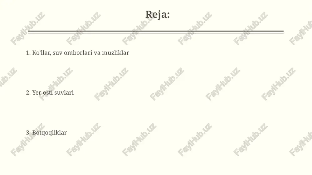 lektr energiyasi ishlab chiqariladi, bu esa mamlakatning energiya xavfsizligini ta'minlashda muhim ahamiyatga ega. yer osti suvlari yer osti suvlari o'zbekistonning umumiy suv resurslarining taxminan 20 foizini tashkil etadi va qishloq xo'jaligida muhim rol o'ynaydi, yillik o'rtacha 20 kub kilometrdan ortiq miqdorda foydalaniladi. yer osti suvlarining sifati mintaqadan mintaqaga farq qiladi, ba'zi hududlarda mineralizatsiya darajasi yuqori bo'lib, 10 gramm/litr dan oshadi, bu esa suvni ichish va sug'orish uchun yaroqsiz qiladi. kelajakdagi istiqbollar ko'llar, suv omborlari va muzliklarning 2050 yilga borib 30% gacha kamayishi prognoz qilinmoqda, bu suv ta'minoti va bioxilma-xillik uchun jiddiy tahdid soladi. botqoqliklarning 10% yo'qolishi tufayli 2040 yilda karbon emissiyasi 5% ga ortadi va bu iqlim o'zgarishiga salbiy ta'sir ko'rsatadi. botqoqliklarning ekologiyasi botqoqliklarning karbon tutuvchi xususiyati muhim ahamiyatga ega boʻlib, ular atmosfera karbon dioksidining 5% gacha yutilishini taʼminlaydi. botqoqliklardagi suvning ph darajasi 4 dan 7 gacha oʻzgarib turadi va bu turli xil gidrofit oʻsimliklarning oʻsishiga taʼsir qiladi, ularning biomassasini …